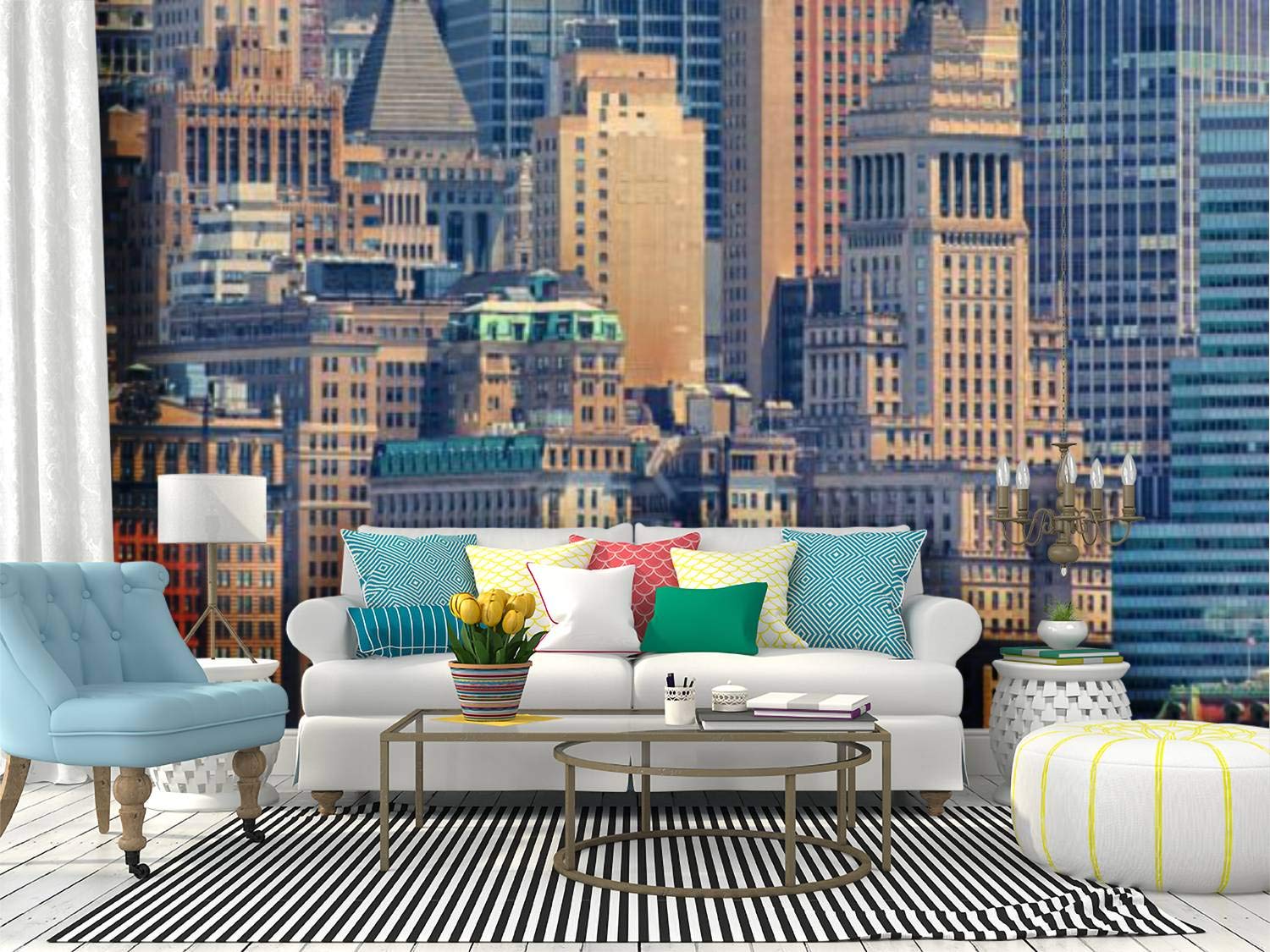 New York City Skyline Wall Street Buildings Canvas Print - Peel & Stick Self-Adhesive Wallpaper Mural for Living Room Decor | Home Office & Bedroom Wall Decal