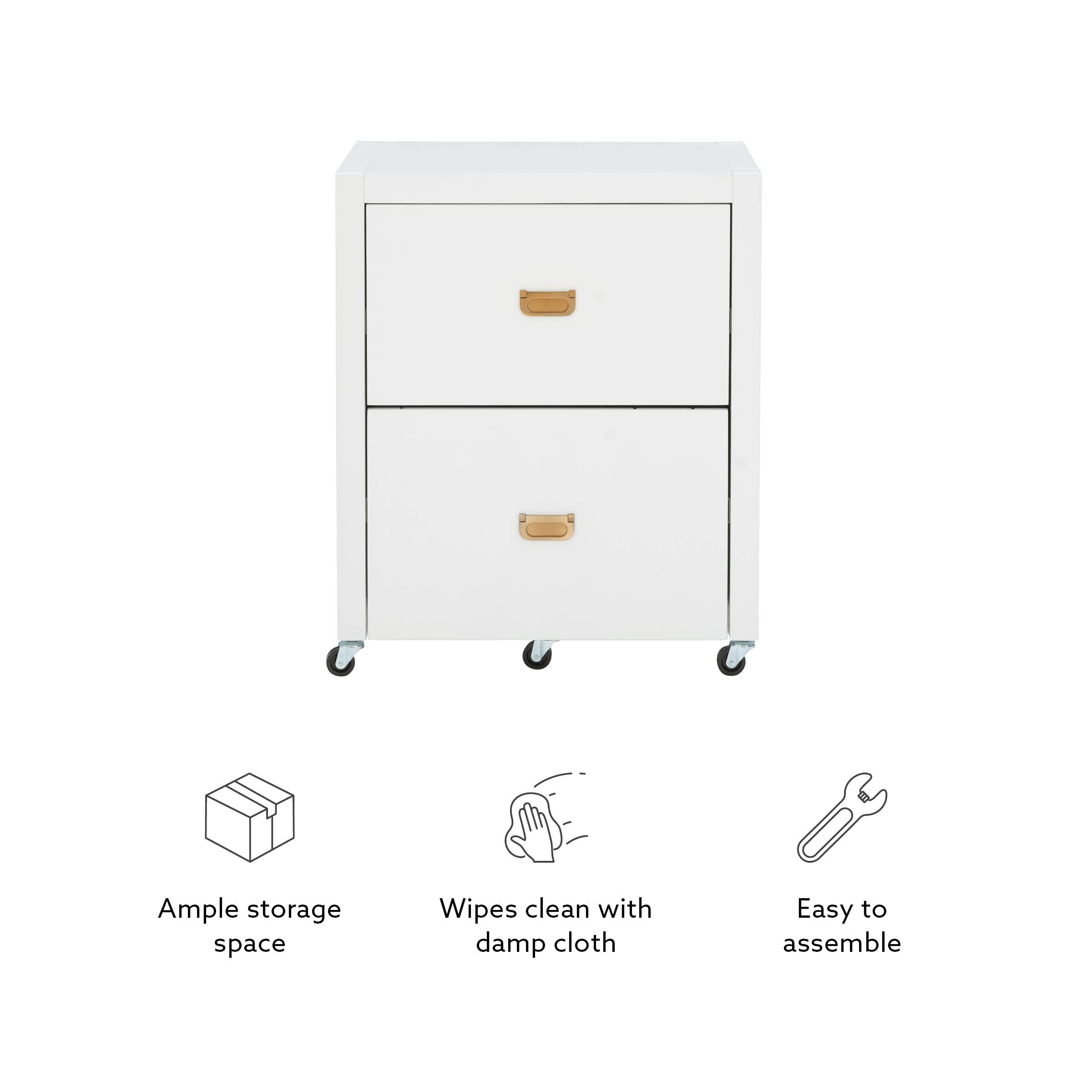 Linon White Rolling Sadie File Cabinet - 2-Drawer Mobile Storage Organizer for Office, Home & School - Easy-Glide Wheels & Locking System