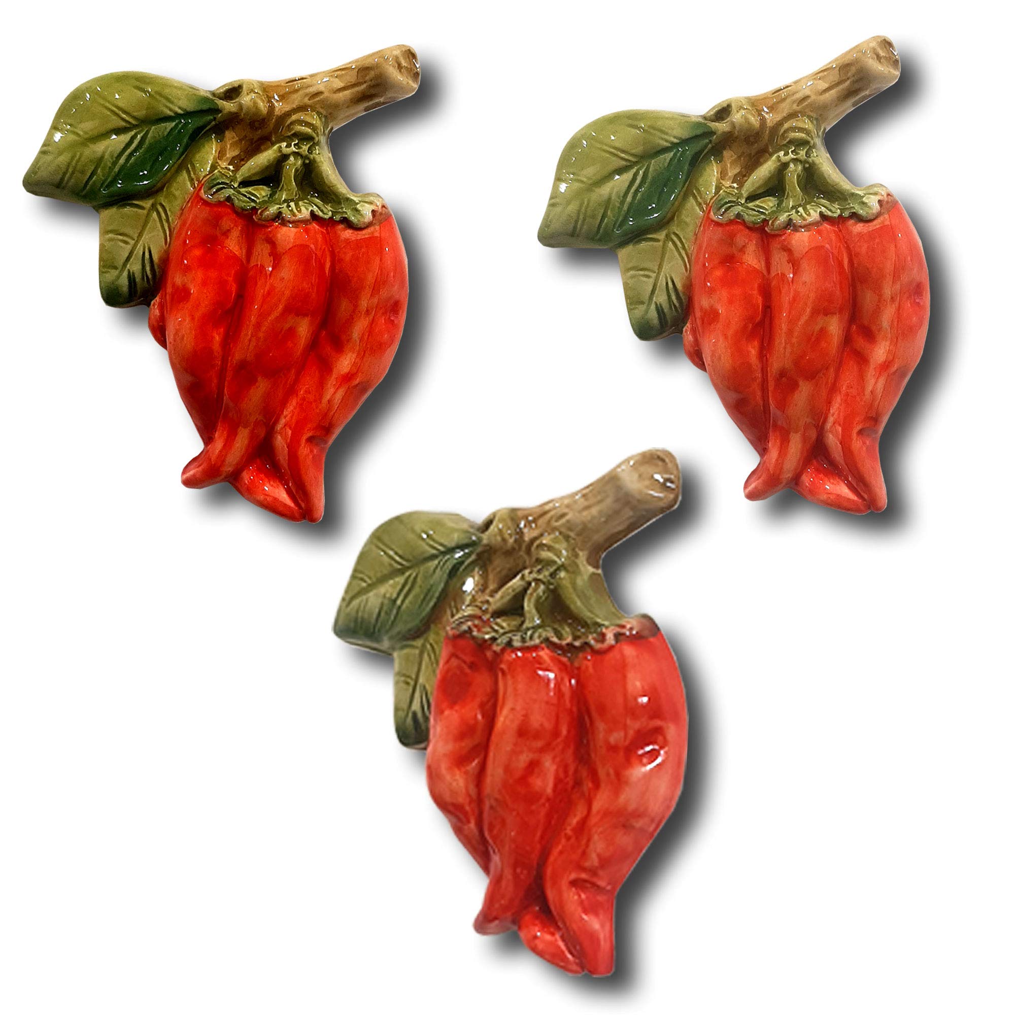 Hand-Painted Italian Ceramic Chili Pepper Kitchen Decor - Set of 3 Wall Art Pieces with Artificial Chili Peppers - Italian Pottery Fruit Decor for Home & Restaurant