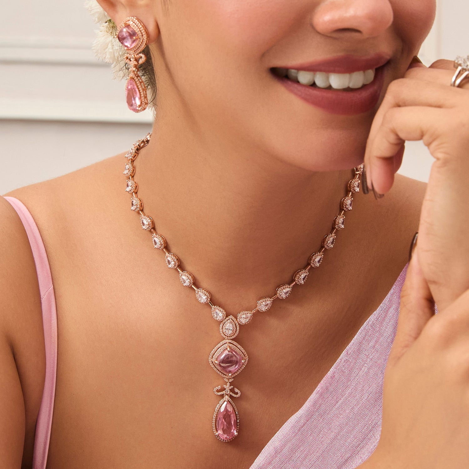 Blush Nakshatra Cubic Zirconia Necklace Set - Elegant Jewelry for Women, Perfect for Weddings, Parties & Special Occasions