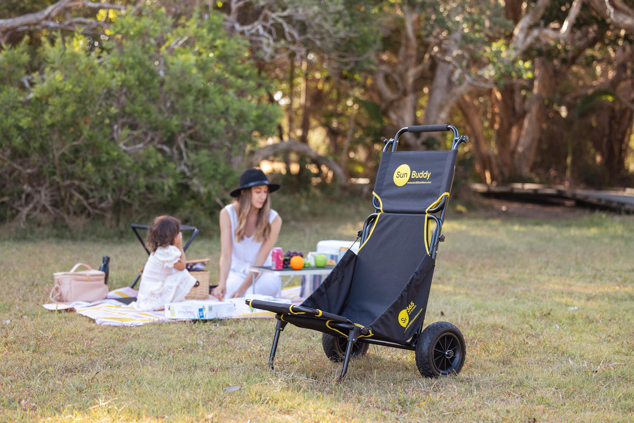 Foldable Beach Fishing Trolley Cart with Chair - All Terrain Balloon Wheels, Sun Canopy & Cargo Net - 200 lbs Capacity for Picnics, Camping, Fishing & Outdoor Adventures