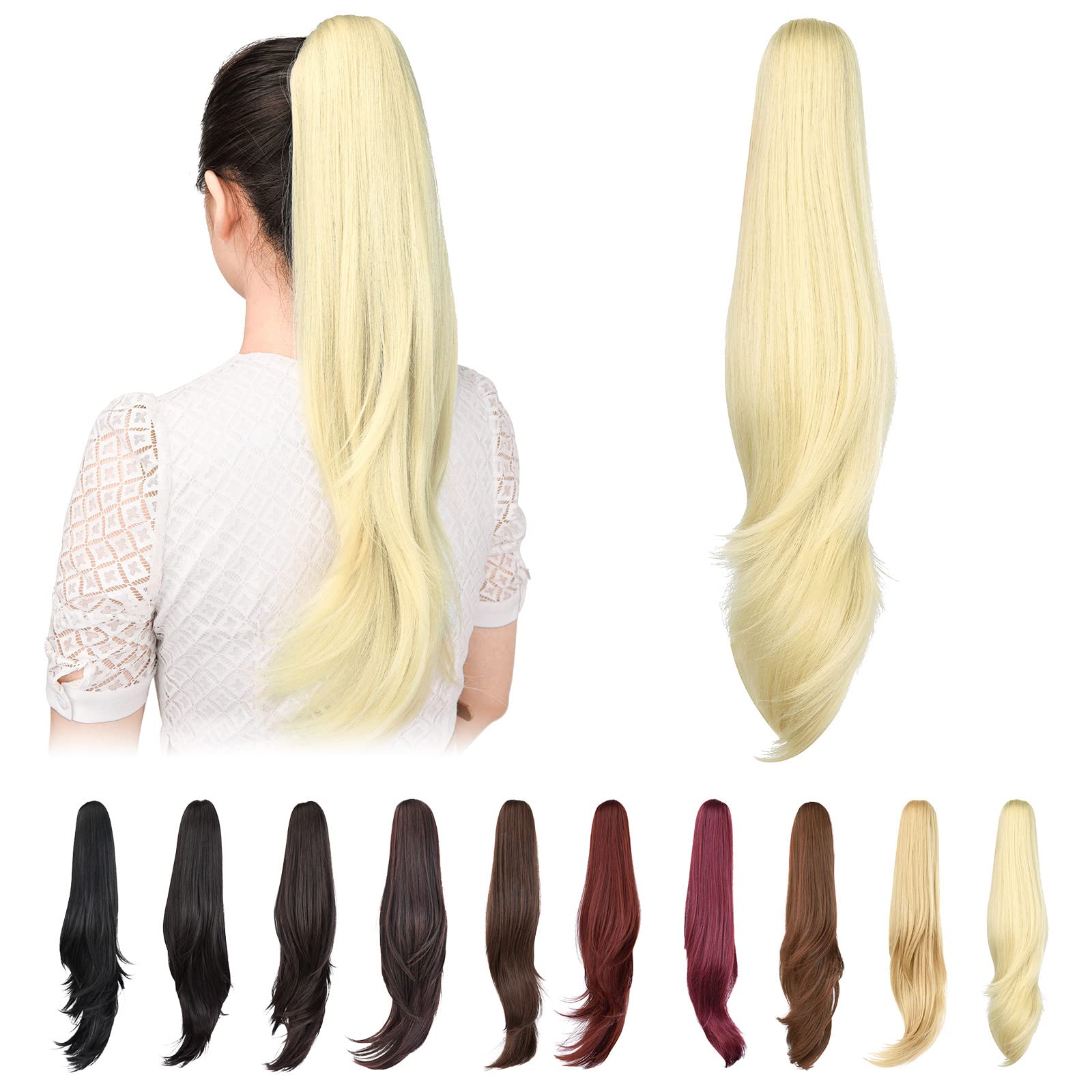 Natural Straight Ponytail Hair Extension with Claw Clip - Seamless Blonde Brown Black Hairpiece for Women - Perfect for Parties, Weddings & Everyday Styling