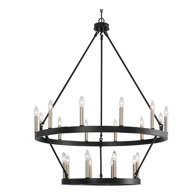 2-Tier Farmhouse 20-Light Wagon Wheel Chandelier - Black Finish Rustic Ceiling Light Fixture for Dining Room, Kitchen, or Living Room Decor
