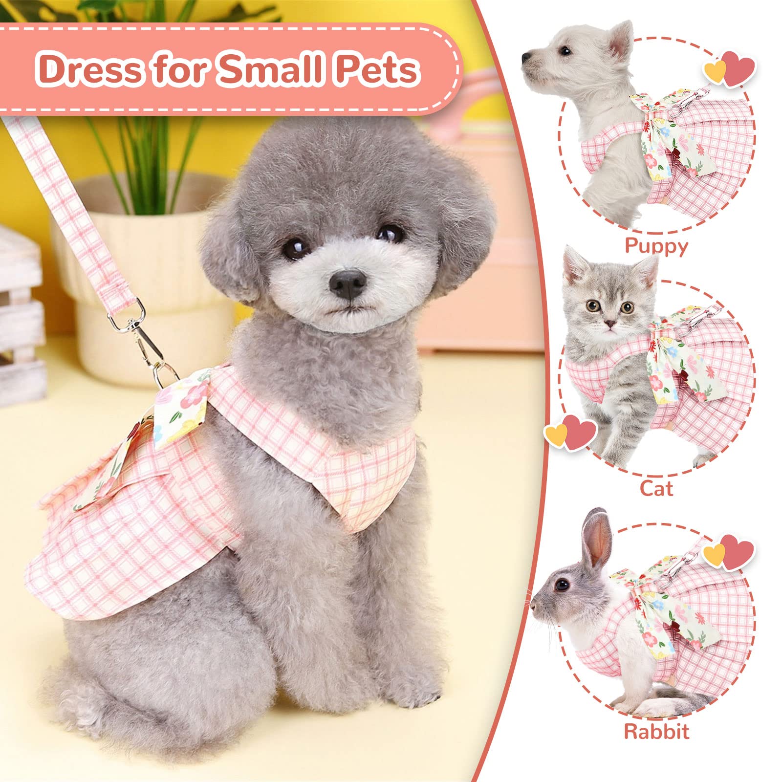 Stylish Plaid Dog Dress Harness & Leash Set for Small & Medium Dogs - Pink Summer Pet Outfit with Bow for Puppy Princess, Holiday Party Costume - Perfect for Chihuahua, Yorkie & Cats (XXL, Pink) - Great for Birthday Parties, Photo Shoots & Special Occasions