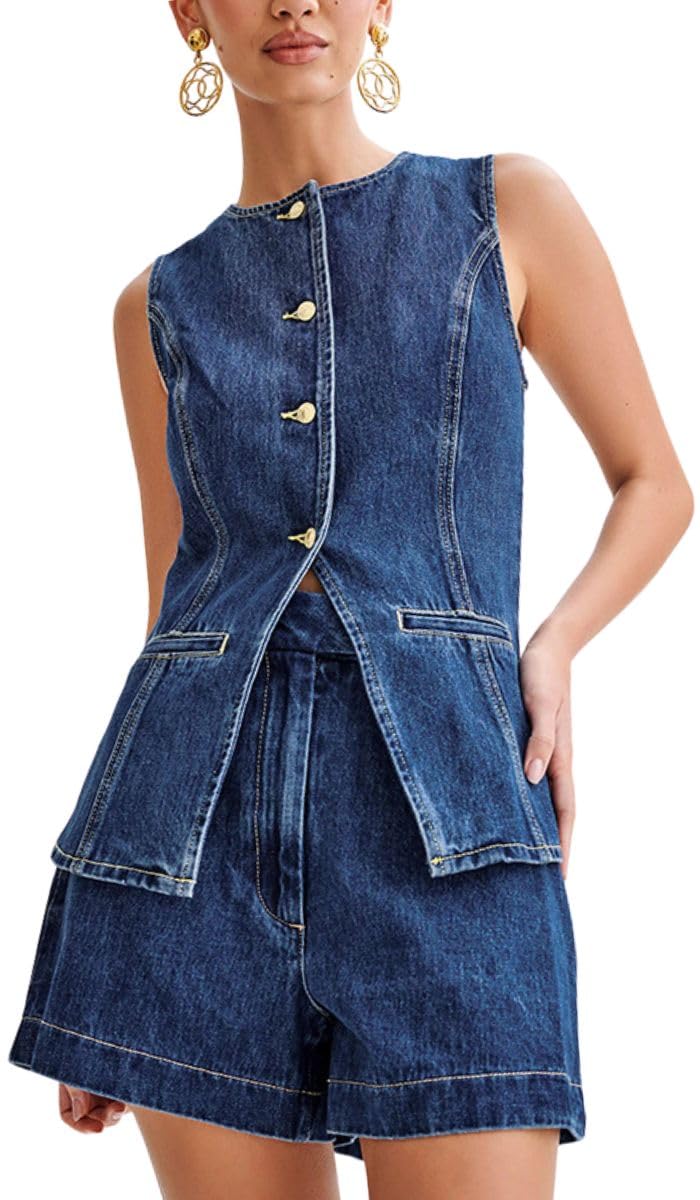 Trendy Women's Denim 2-Piece Outfit - Casual Button Down Sleeveless Top & High Waist Jean Shorts | Perfect for Summer Outings, Beach Vacations and Street Style Fashion