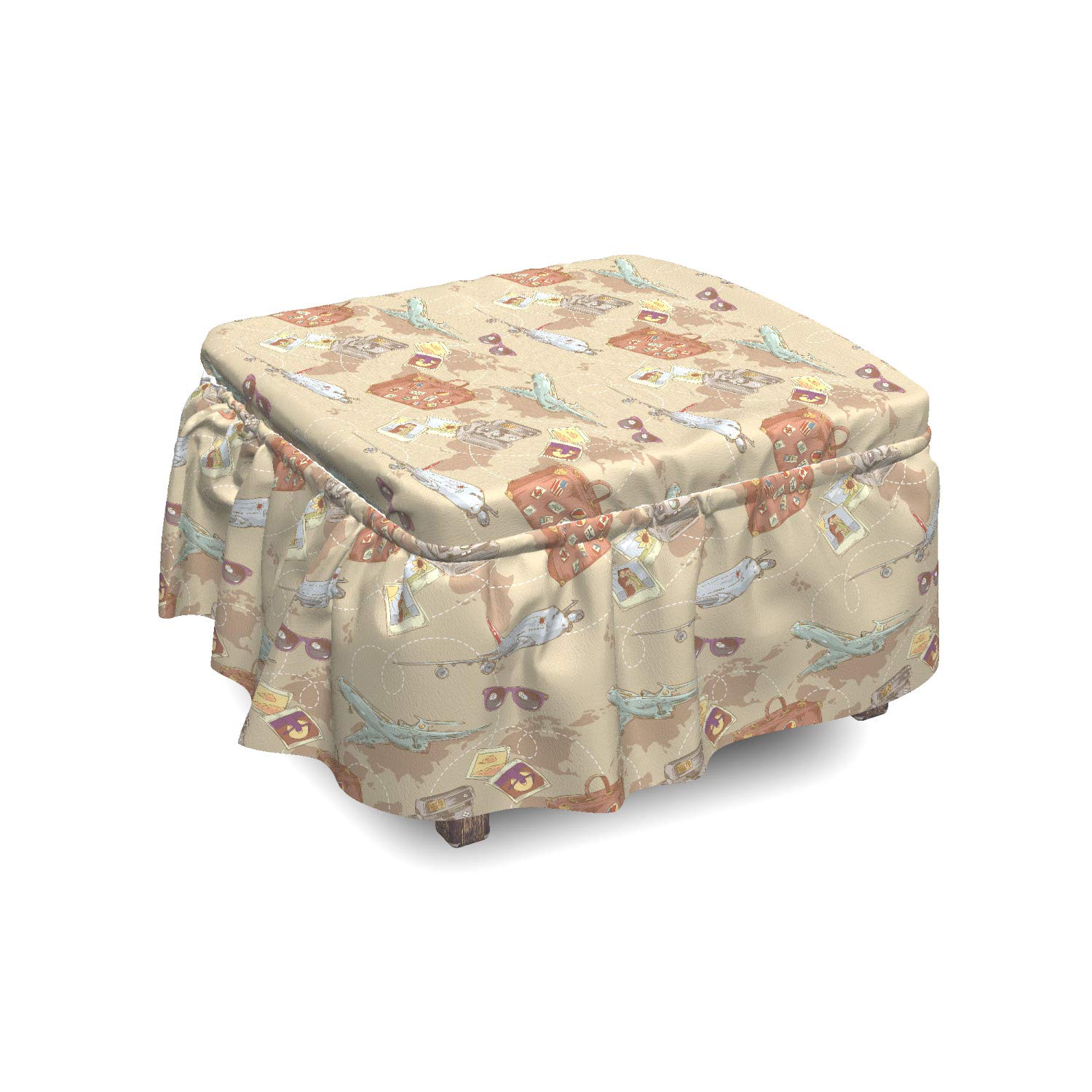 Ambesonne 2-Piece Travel Ottoman Slipcover Set with Ruffle Skirt - World Map Plane Camera Design for Square/Round Footstools, Standard Size Multicolor Decorative Home Accent | Perfect for Living Room, Bedroom & Travel Accessories