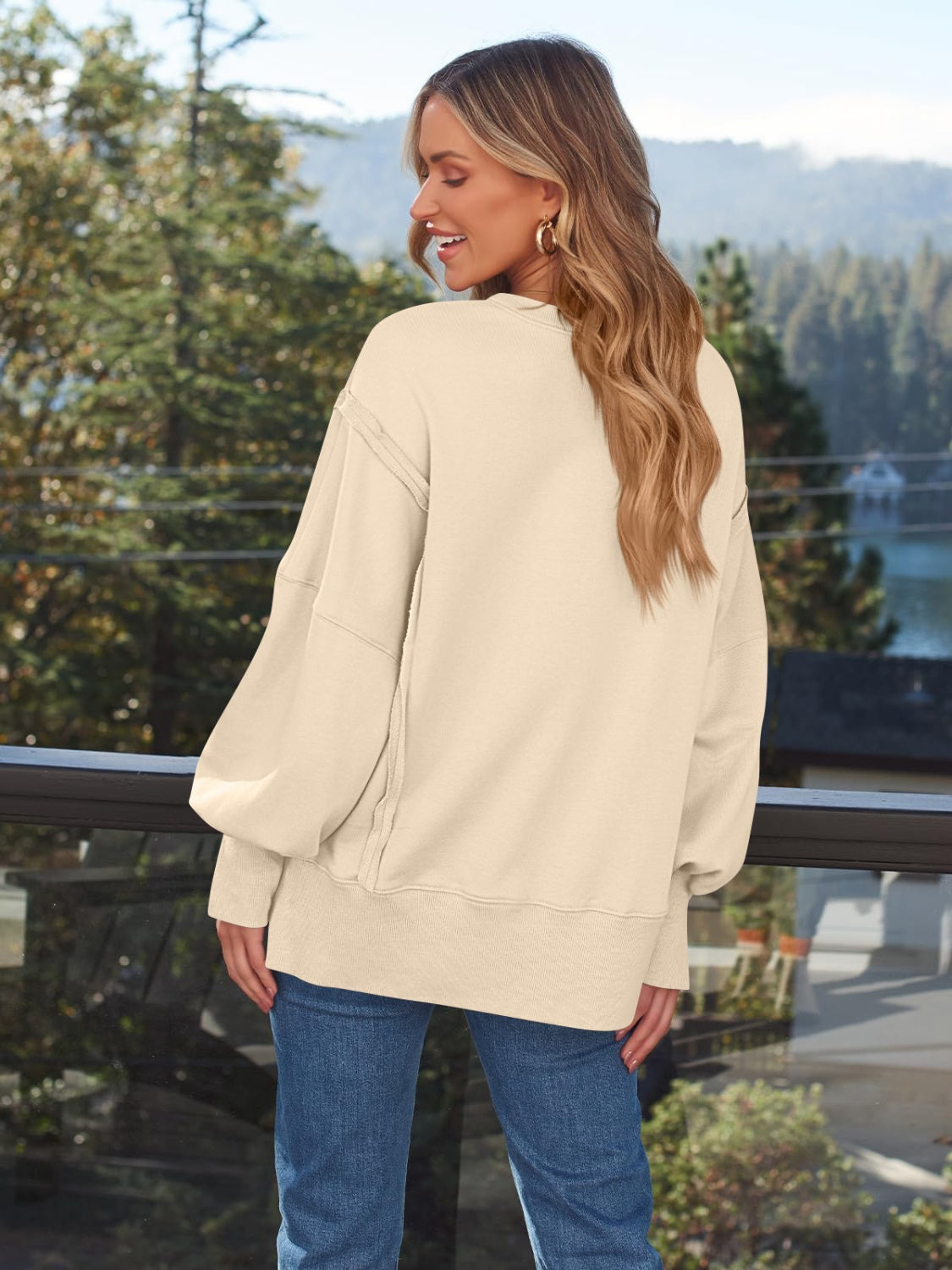Women's Slit Round Neck Long Sleeve Sweatshirt - Casual Pullover Top for Fall & Winter - Perfect for Layering, Lounge Wear and Street Style Fashion