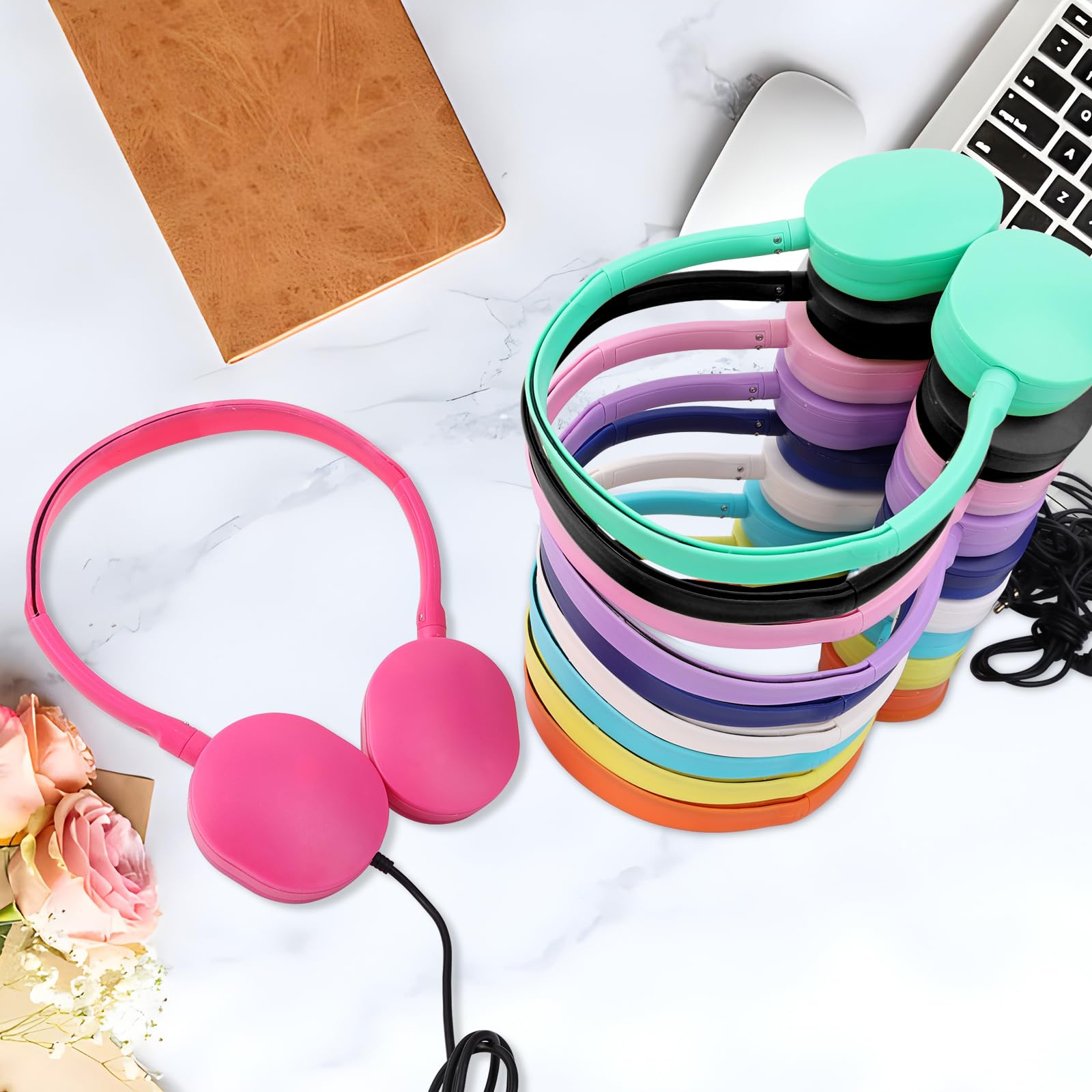 **15 Pack Bulk Wired Headphones for Kids - Adjustable School Headphones with 3.5mm Jack for Classroom, Library & Museum Use - Mixed Colors (Wholesale)**    **Usage Scenarios:** Perfect for school classrooms, online learning, libraries, museums, and educational institutions.