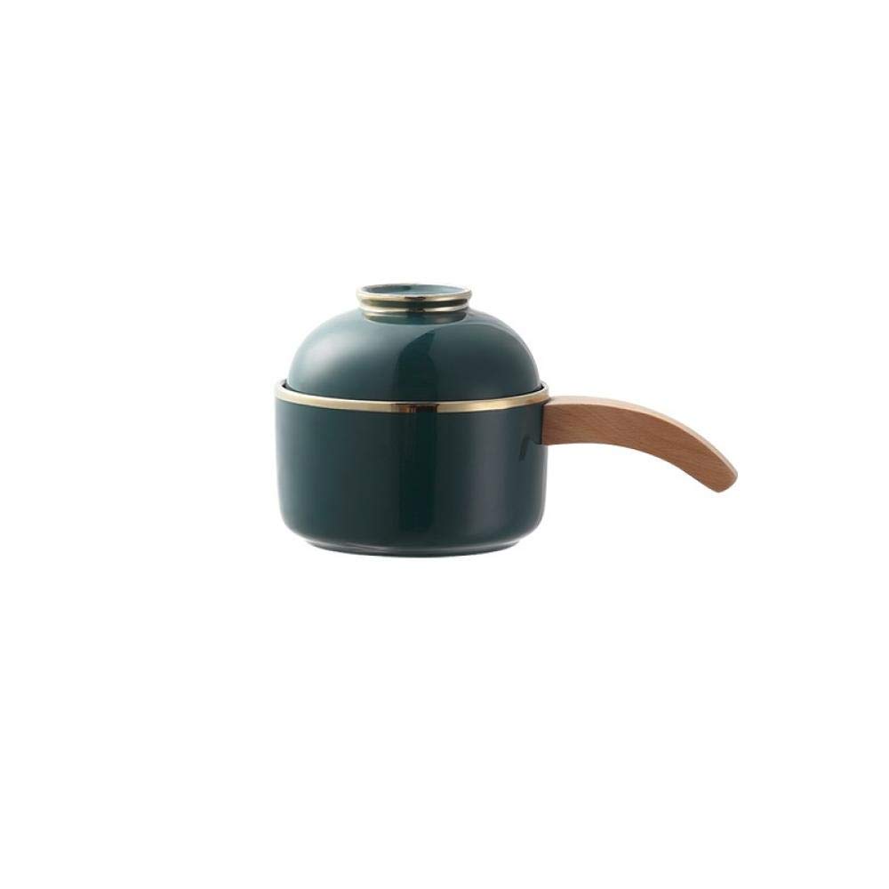 Ceramic Dessert Plate with Wooden Handle Lid - Dark Green Bubble Noodle Bowl | Perfect for Ice Cream, Pudding, and Asian Noodle Dishes