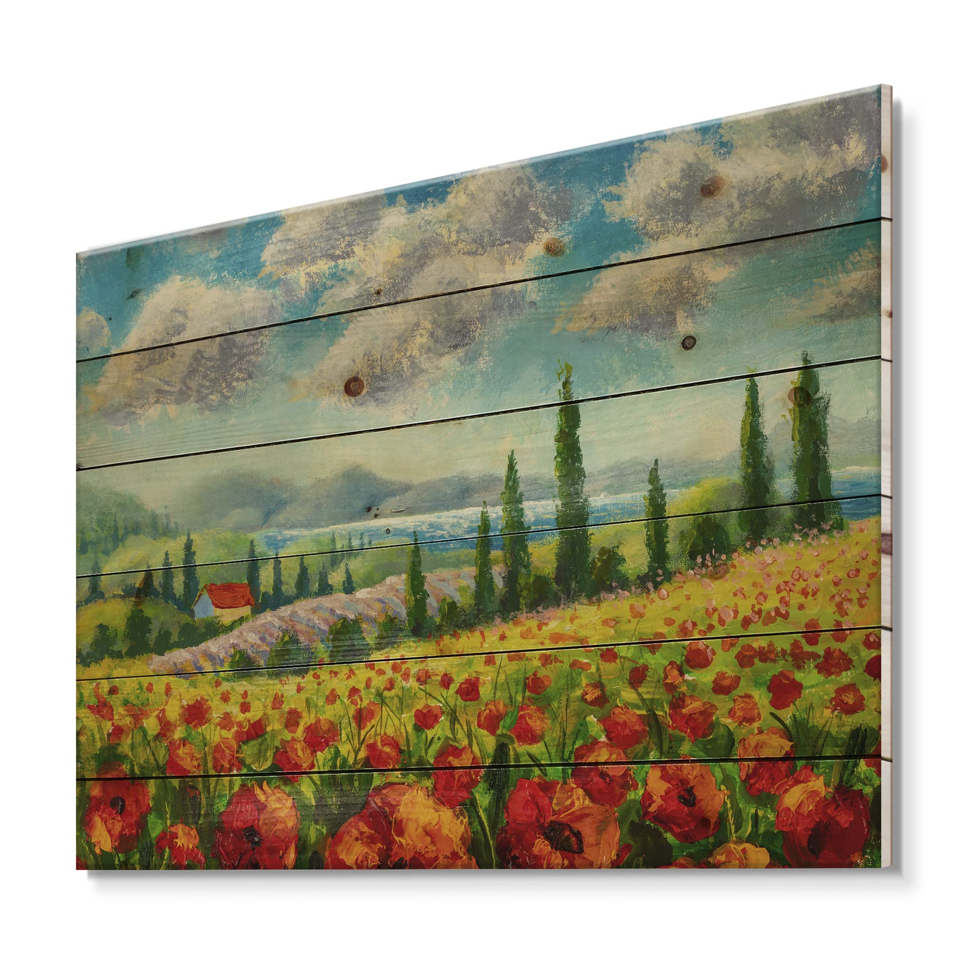 Traditional Italian Poppies Landscape Wood Wall Art - Large Floral Pine Wood Panel Decor for Living Room, Bedroom & Office | Hand-Painted Red Wood Wall Hanging for Home & Office Decoration
