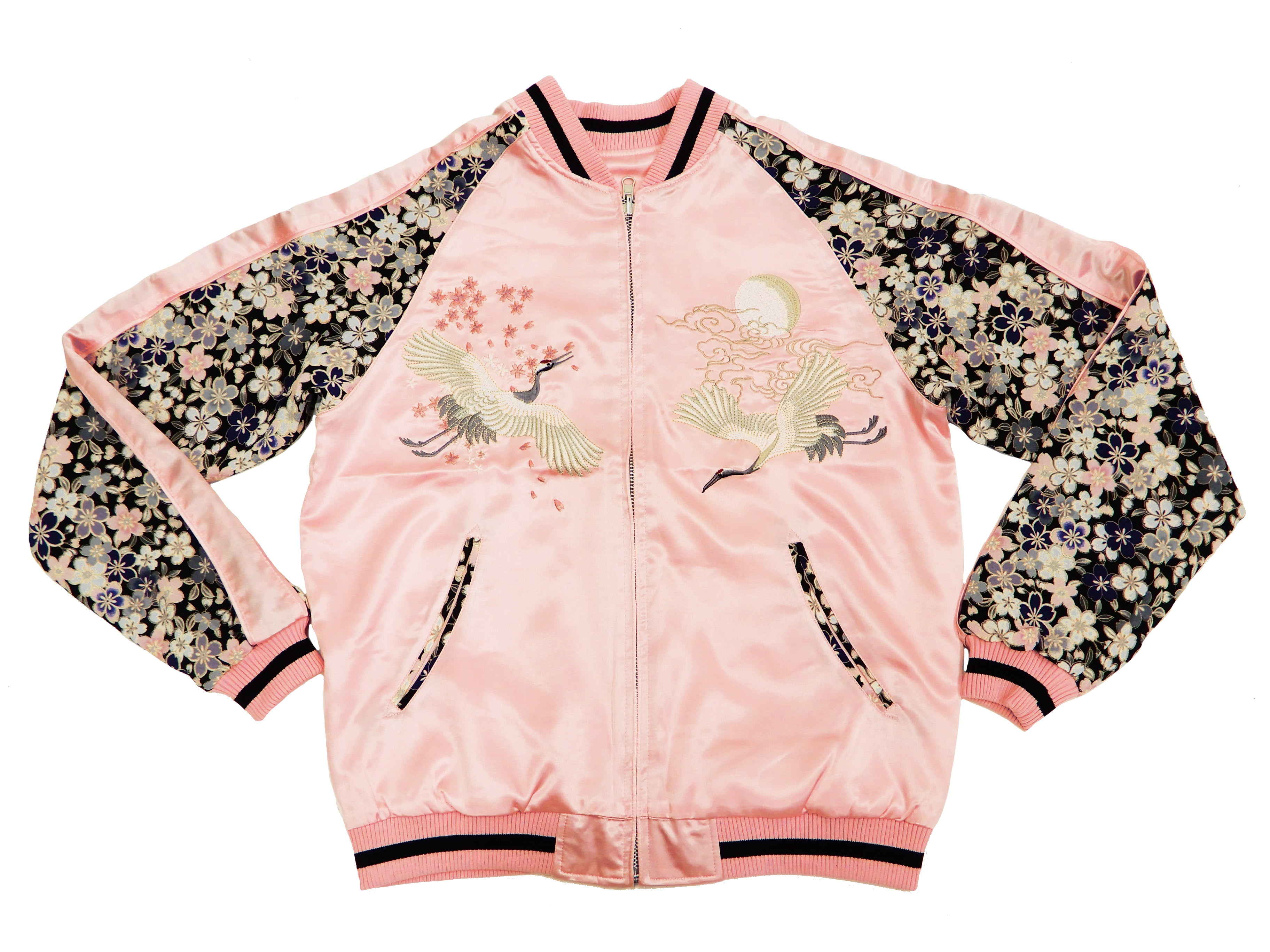 Japanese Sukajan Bomber Jacket for Men - Vintage Crane Embroidery Souvenir Jacket in Pink & Black - Perfect for Streetwear, Casual Outfits & Japanese Fashion Enthusiasts