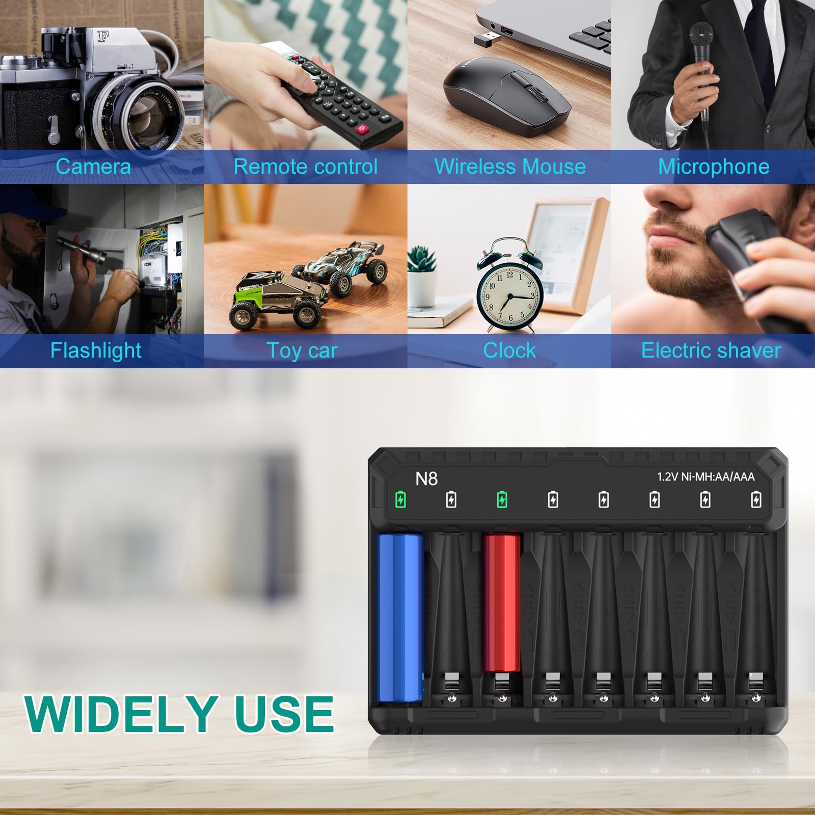 8 Bay Smart Battery Charger for Ni-MH Ni-CD Rechargeable AA AAA Batteries - Fast Charging with 5V 2A & LED Indicator - Independent Control for Home, Office, and Travel Use