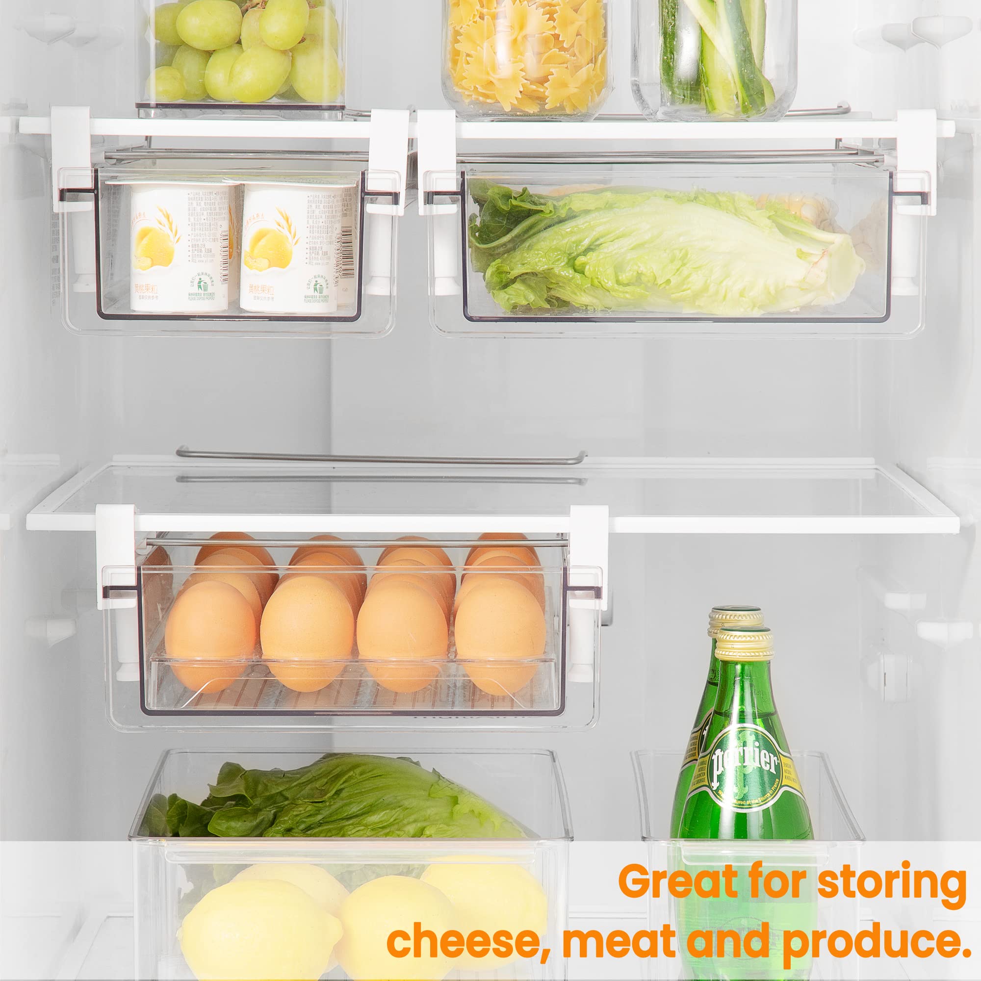 Clear Plastic Fridge Organizer Drawers - Stackable Refrigerator Storage Bins for Fruits, Vegetables, Meat & Cheese | Under Shelf Organizer Containers | Easy to Install | Perfect for Kitchen, Pantry & Meal Prep Organization