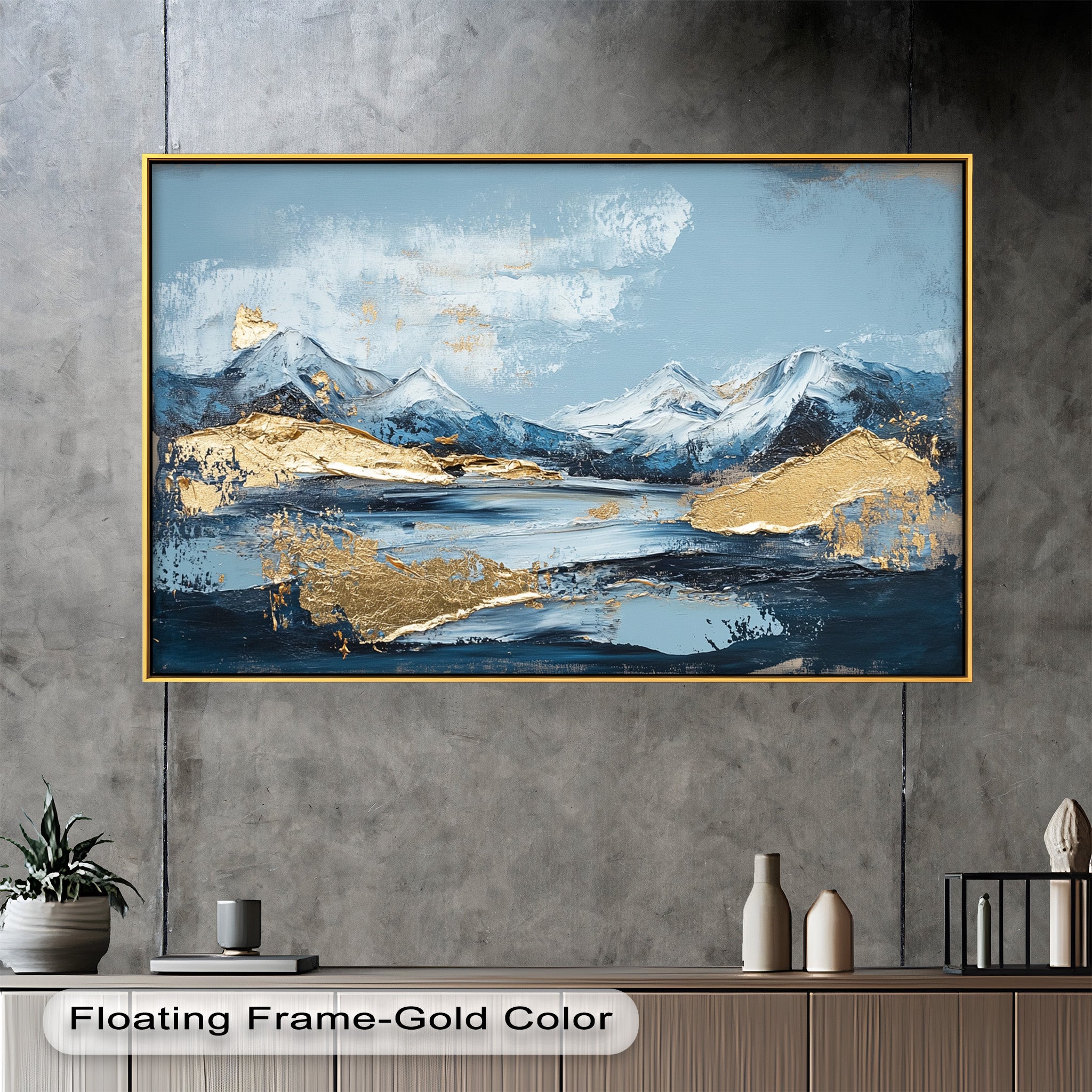 Arctic Peaks Abstract Blue and Gold Mountain Oil Painting - Handmade Wall Art for Living Room, Bedroom & Office Decor