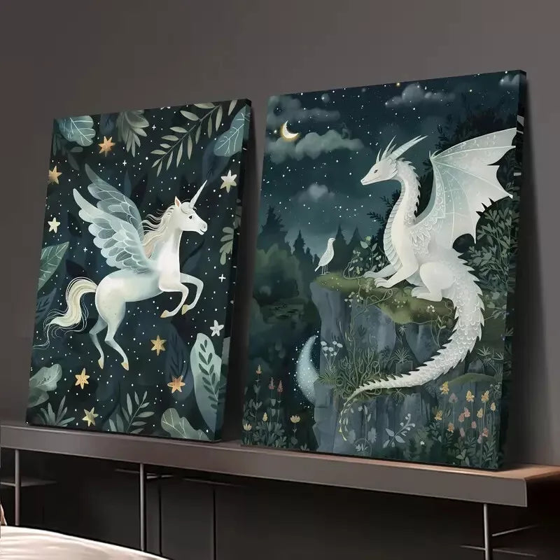 2-Piece Fantasy Canvas Wall Art Set - Unicorn, Dragon & Magic Forest Prints (50x75cm) | High-Quality Australian-Made Framed Canvas | Ready to Hang | Perfect for Kids' Room, Nursery & Fantasy Themed Decor