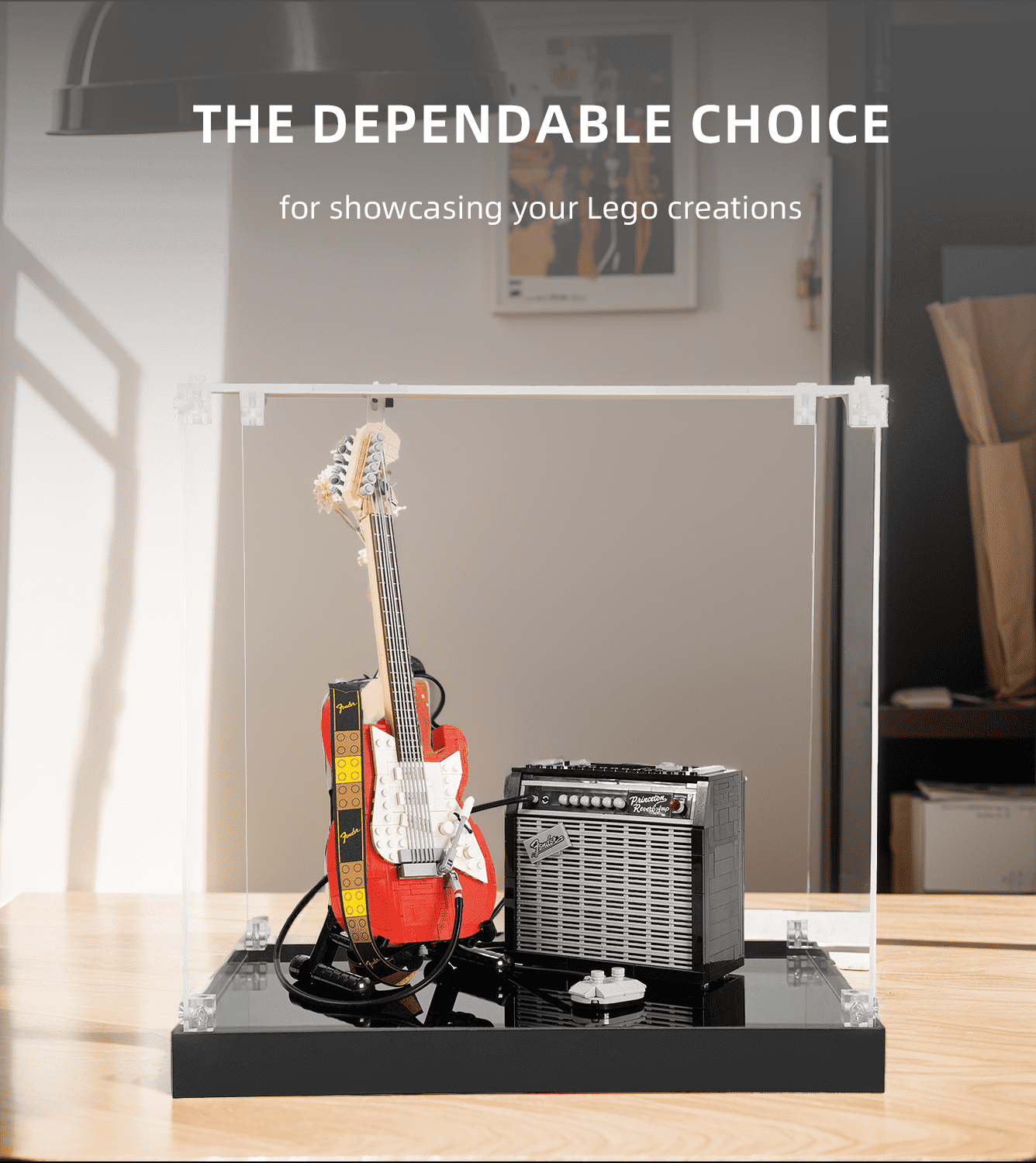 LEGO Ideas Fender Stratocaster 21329 Display Case - Premium Acrylic Showcase for Guitar Model Collection - Perfect for Home Decor, Office Display & Gift for Music Lovers