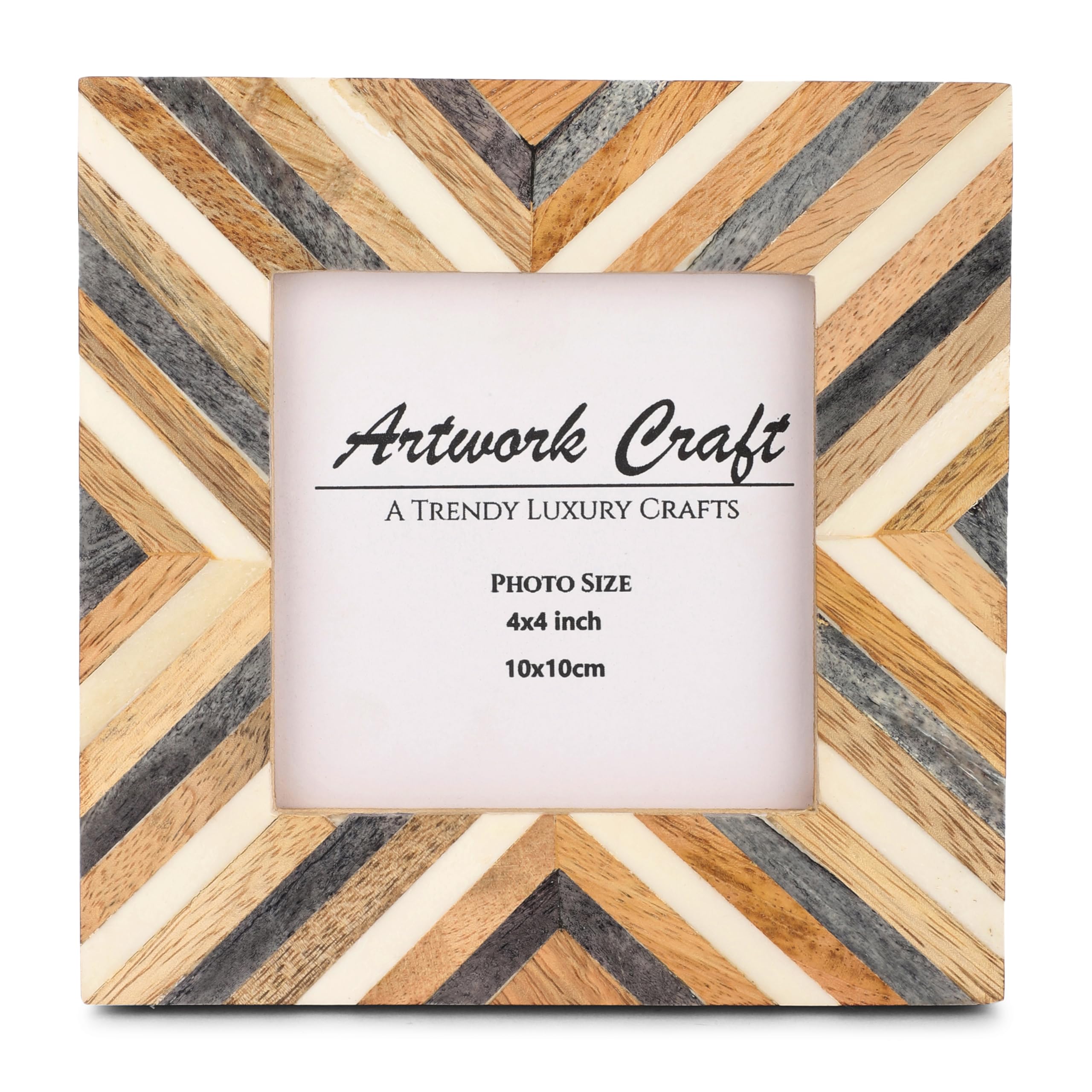 Vintage Chevron Herringbone Picture Frame - 4x4 Inch Tabletop or Wall Decor Photo Frame in Gray, White & Wood - Perfect for Home, Office & Wedding Décor
