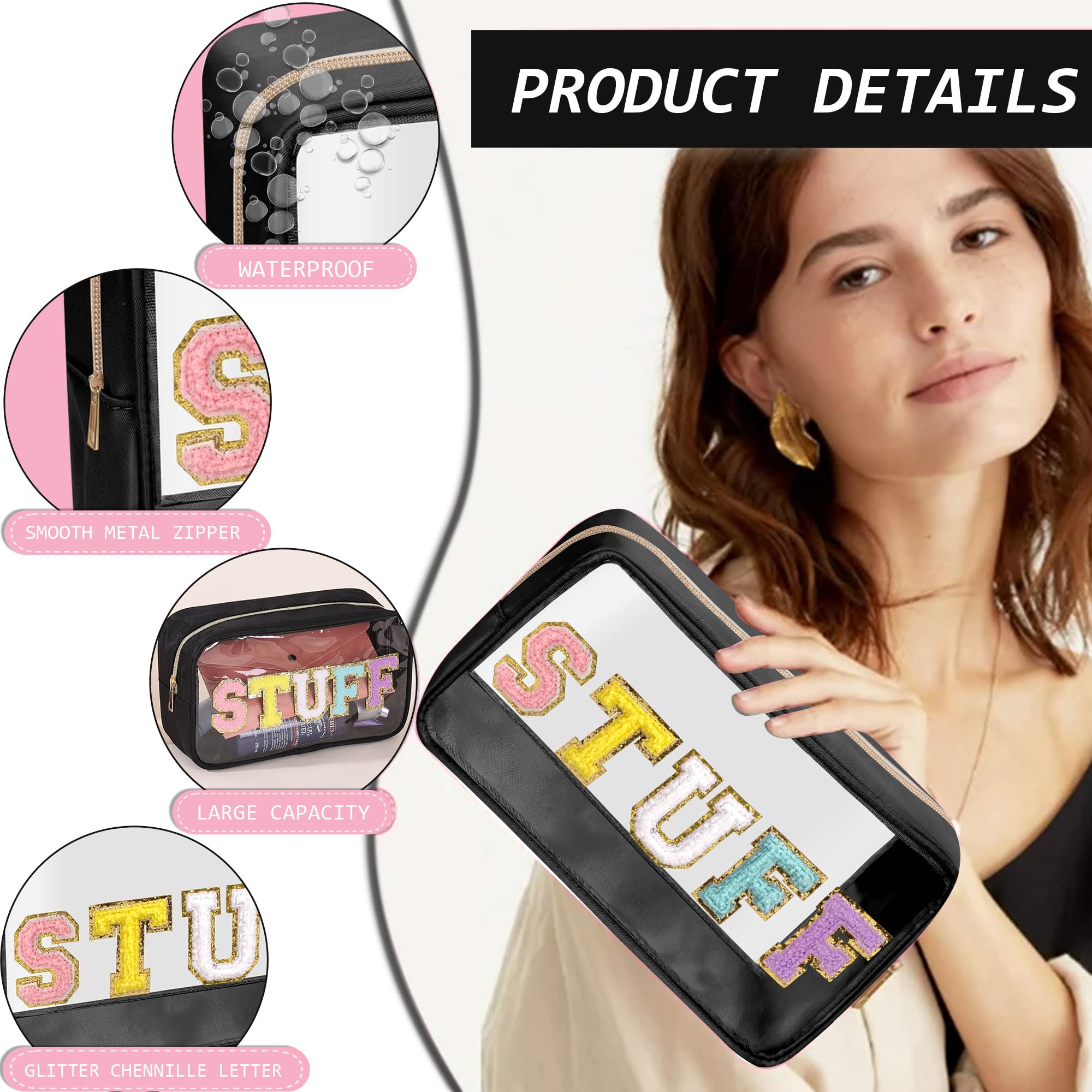 Preppy Patch Makeup Bag | Small Chenille Letter Cosmetic Pouch | Waterproof Zipper Toiletry Bag for Women & Teens | Portable Skincare Organizer | Perfect for Travel, Gym & School Essentials