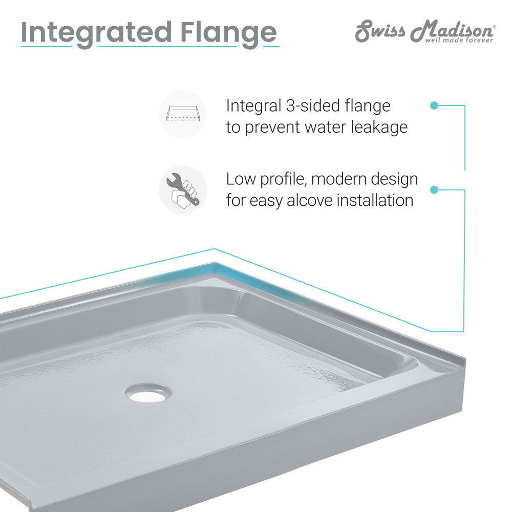Voltaire 60 x 36 Inch Single Threshold Center Drain Shower Base in Gray - Perfect for Modern Bathroom Renovations and Walk-In Showers