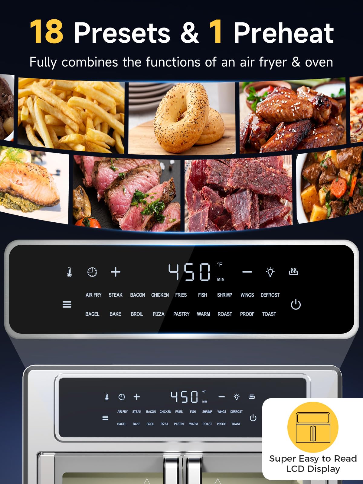 Kitchen Elite® 26.4 Qt Air Fryer Toaster Oven Combo - Large Countertop French Door Oven with 18 Presets, Preheat & Light Function, Multi-Layer Cooking, Easy Clean Stainless Steel - Perfect for Baking, Roasting, Air Frying & Family Meals
