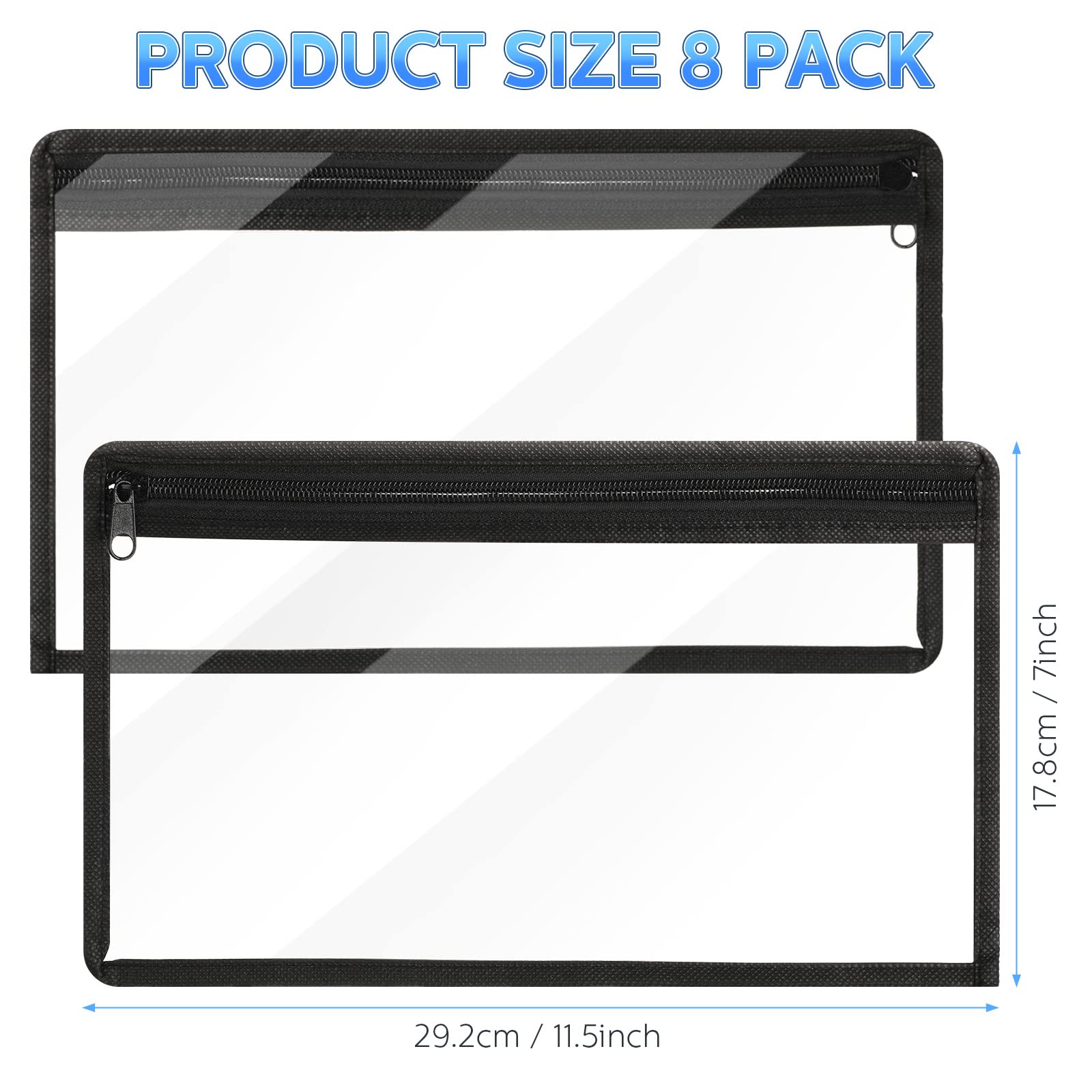 8 Pack Clear PVC Zipper Pouches for Pencils, Makeup & Documents - 11.5 x 7 Inches Multi-Purpose Storage Bags with Black Edging - Perfect for Office, School & Travel Organization (Office Supplies)