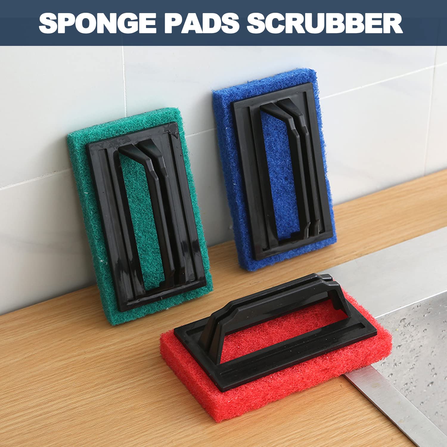 3 Pack Handheld Pool Scrub Brush - Heavy Duty Swimming Pool Cleaning Brush with Sponge Pad for Walls, Tiles, Floors & Steps | Multi-Surface Scrubber for Kitchen, Bathroom Tub & Spas | Perfect for Pool Maintenance, Household Cleaning & Spa Care