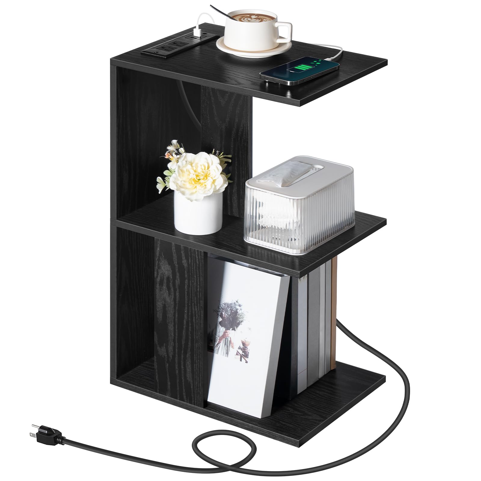 MAHANCRIS Narrow End Table with USB Charging Station, Small Space-Saving Side Table with Storage Shelf & Built-in Light - Modern Nightstand for Bedroom, Living Room | Perfect Sofa Couch Table, Bedside Table for Apartments, Dorms (Black)