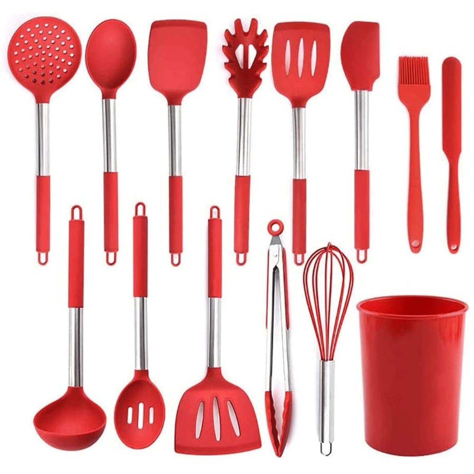 NesRabbit 13-Piece Non-Stick Silicone Cooking Utensil Set with Holder - Stainless Steel Handle Kitchen Tools for Baking, Frying & Cooking - Perfect for Home Chefs & Professional Kitchens