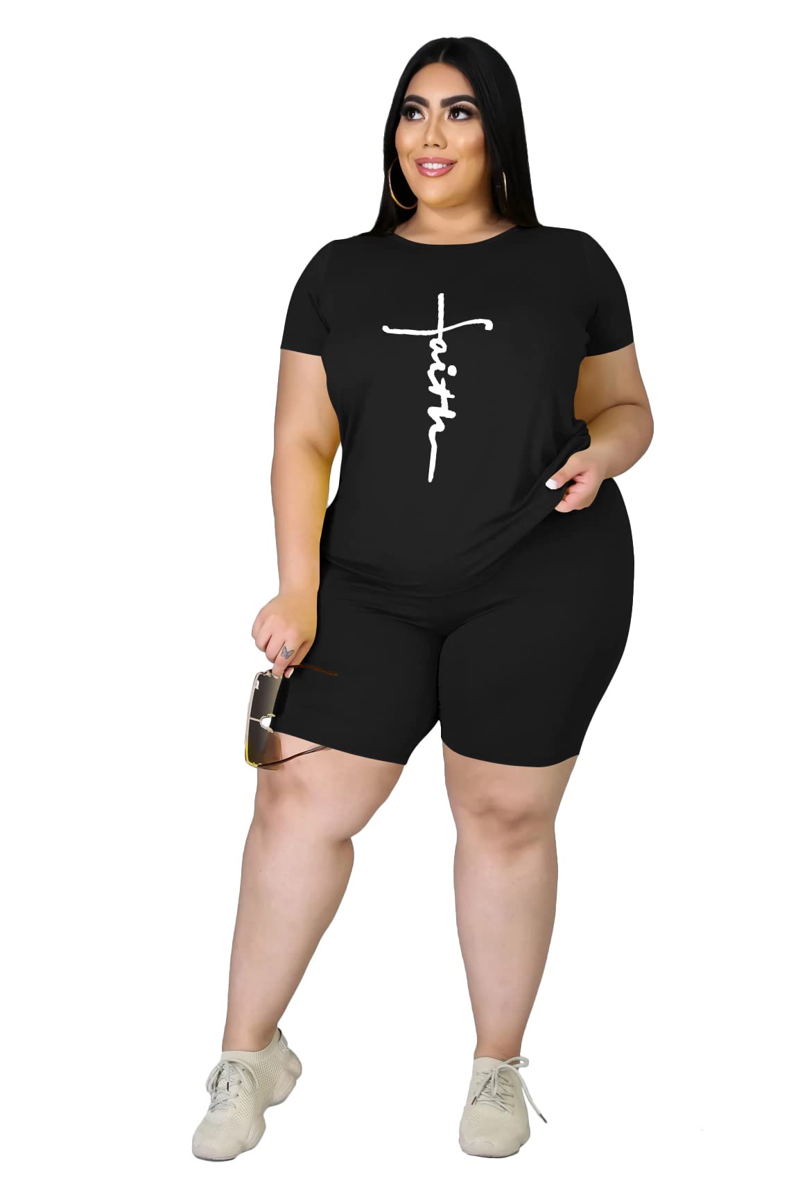 Plus Size Women's Summer Sweatsuits 2-Piece Outfit - Casual Printed Shorts & Jogger Tracksuit Set in Black (Sizes 5-5XL) | Lounge Wear, Gym Outfits & Street Style Fashion