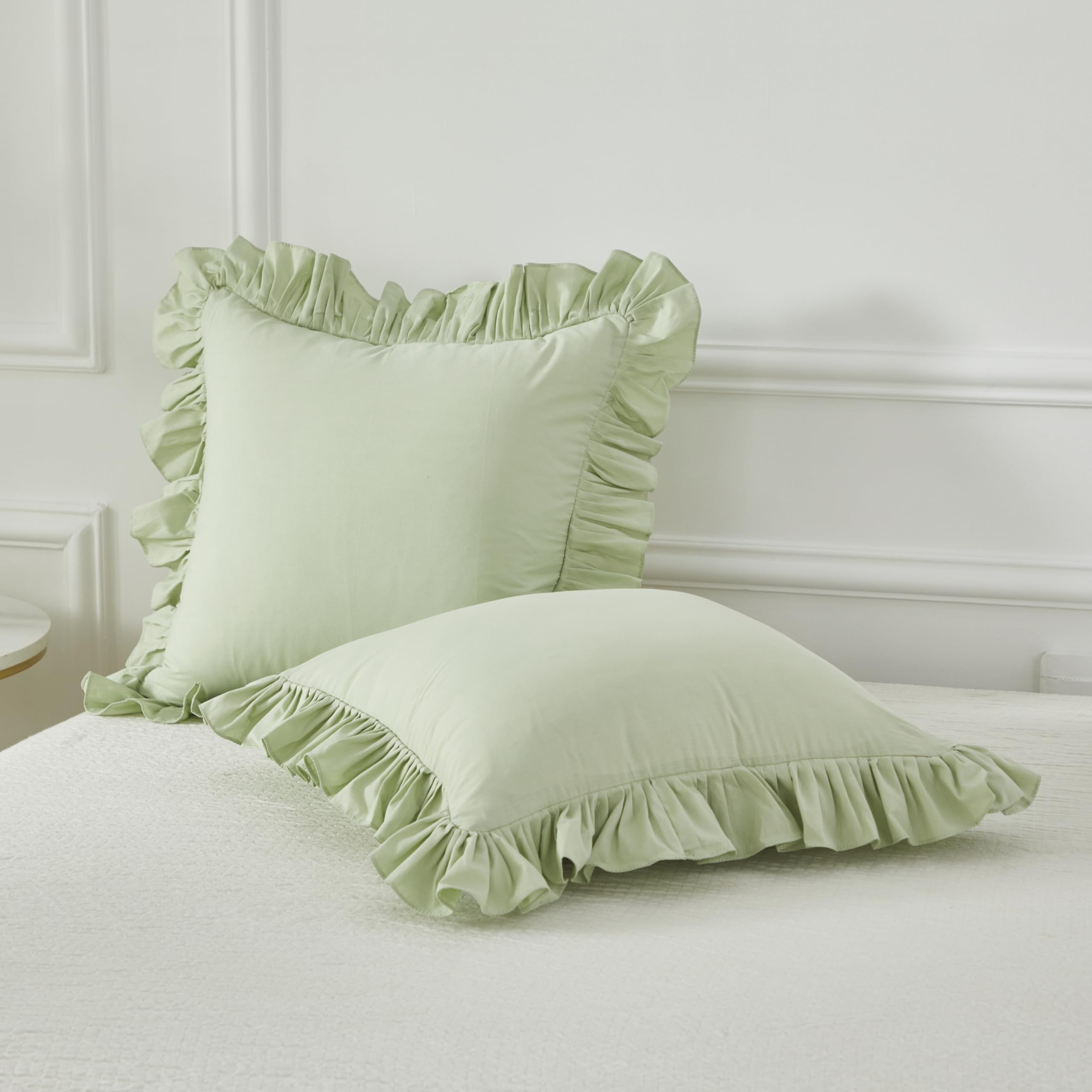Lemfux Decorative Pillow Covers - Set of 2 Green Euro Shams 20x20 Inch, 100% Cotton Shabby Chic Pillowcases for Sofa, Bed & Couch - Coquette Style Home Decor