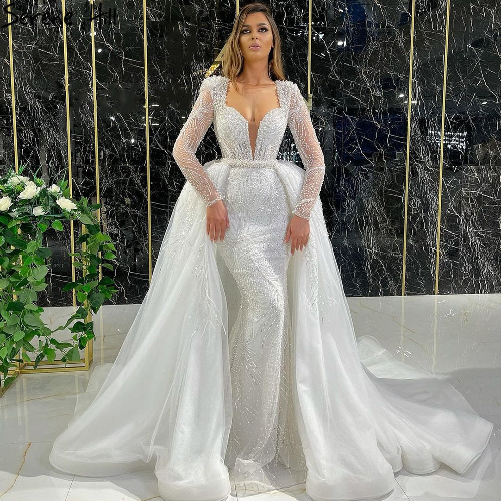 Luxury White Muslim Evening Dress with Detachable Skirt - Elegant Beaded Mermaid Gown for Women, Special Occasions & Party Wear - Serene Hill LA71118 (2025 Collection) | Perfect for Weddings, Galas & Formal Events