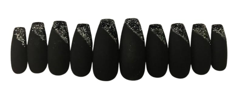 LOOK NAILS Black Matte Press On Nails with Glitter Accent - Reusable False Nails with Sparkly Loose Powder for Eye Shadow, Nail Art & Lip Gloss - Perfect for Parties, Weddings & Special Occasions