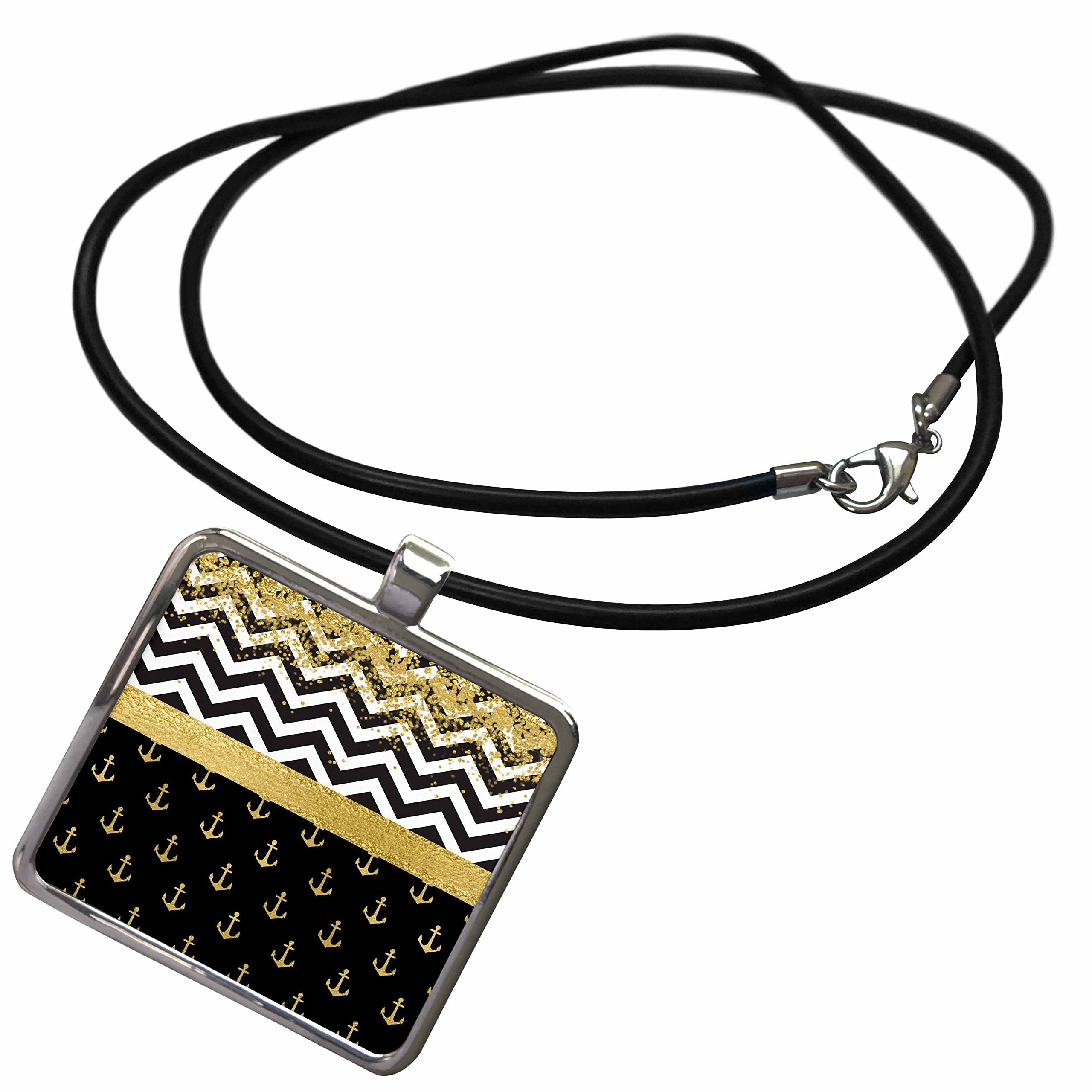 3D Rose Rectangle Pendant Necklace - Glam Black, White & Gold Faux Glitter Chevron Stripes with Sailing Anchor Design - Fashion Jewelry for Women | Perfect for Parties, Gifts & Everyday Wear