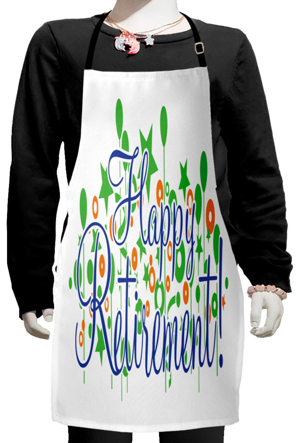 Ambesonne Retirement Party Apron - Adjustable Bib Apron with Calligraphy Font, Balloons & Stars Design - Perfect for Baking, Painting & Kitchen Activities - Small Size in Fern Green & Dark Blue - Ideal Gift for Retirement Parties & Celebrations