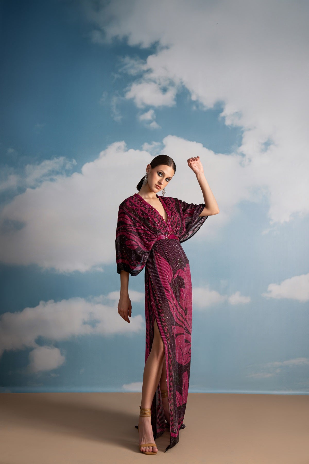 Elegant Fuchsia Pink Swirl Printed Kaftan with Beaded Embroidery - Perfect for Beach Cover-Up, Summer Parties & Boho Fashion