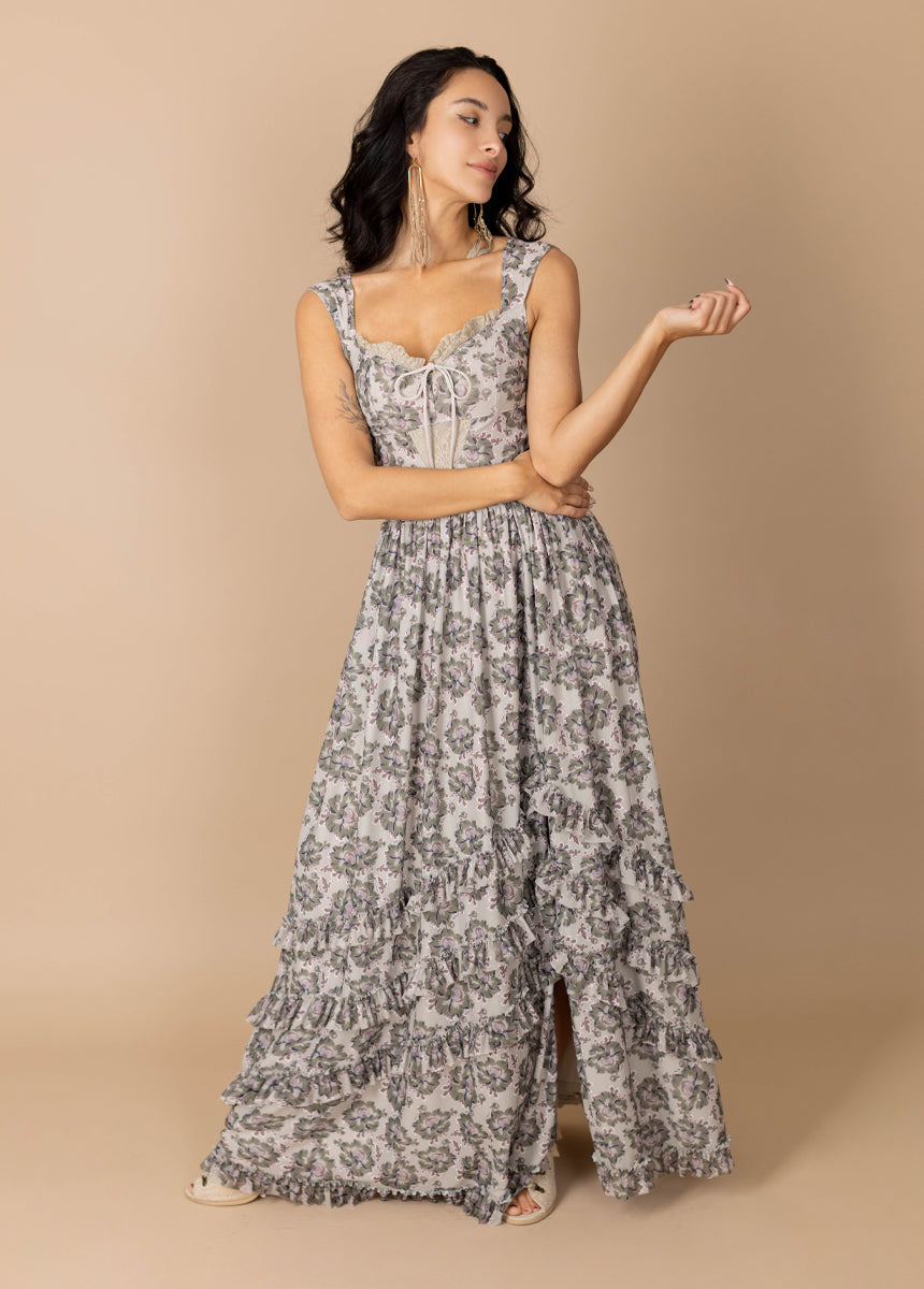 Elinda Women's Floral Print Dress in Taupe - Elegant Midi Dress for Casual Wear, Office & Special Occasions