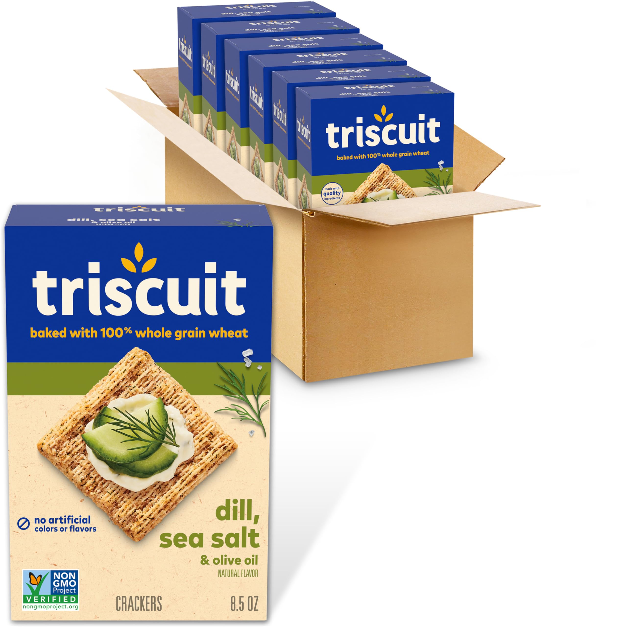 Triscuit Whole Grain Wheat Crackers - Dill, Sea Salt & Olive Oil Flavor | Healthy Lunch Snacks & Bulk Snack Crackers | 6 Pack (8.5 oz Boxes) | Perfect for Office, School & Picnic Snacking