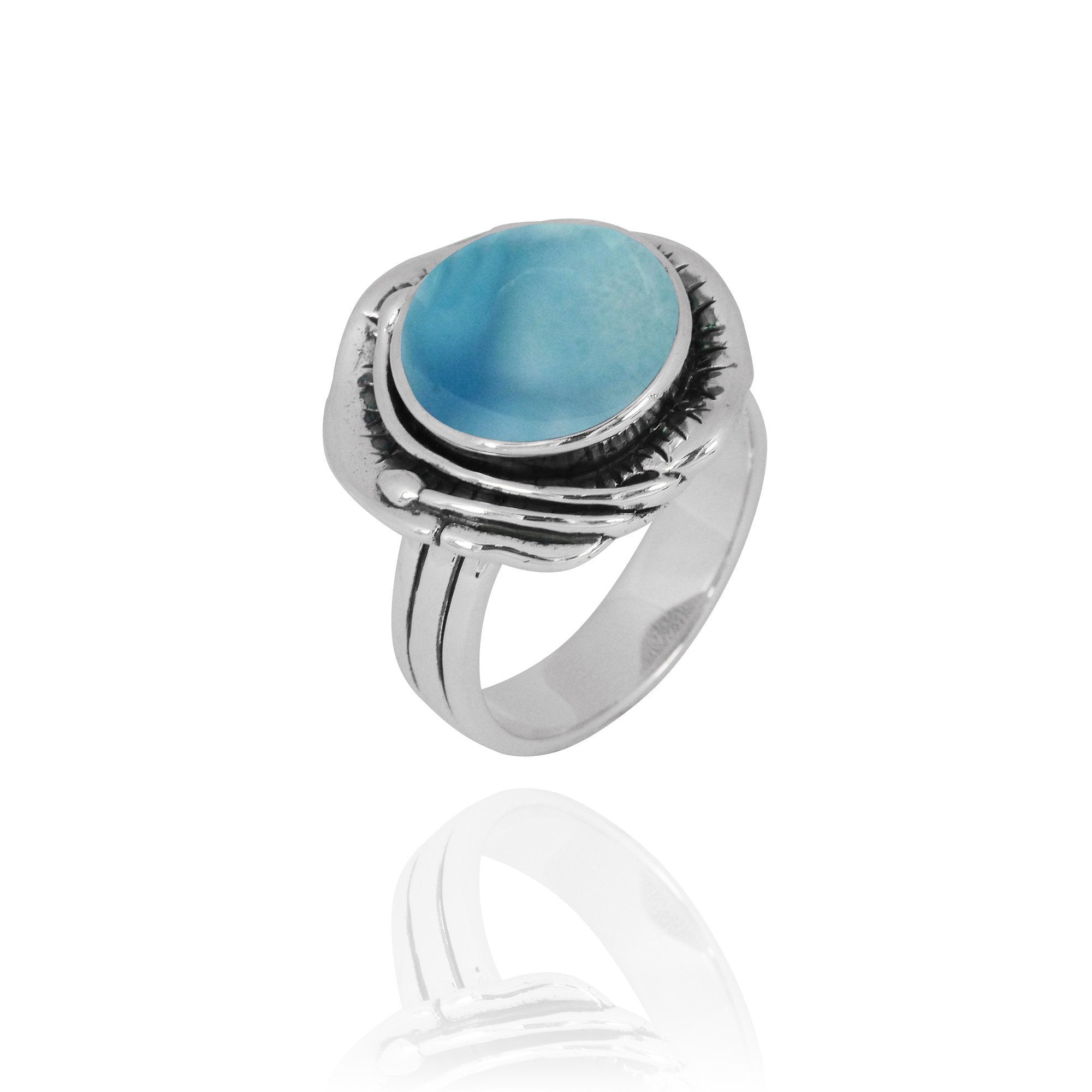 Larimar Oxidized Silver Band Ring for Women | Genuine Dominican Stone Jewelry | Boho Chic & Healing Crystal Ring | Perfect for Gifts, Meditation & Everyday Wear