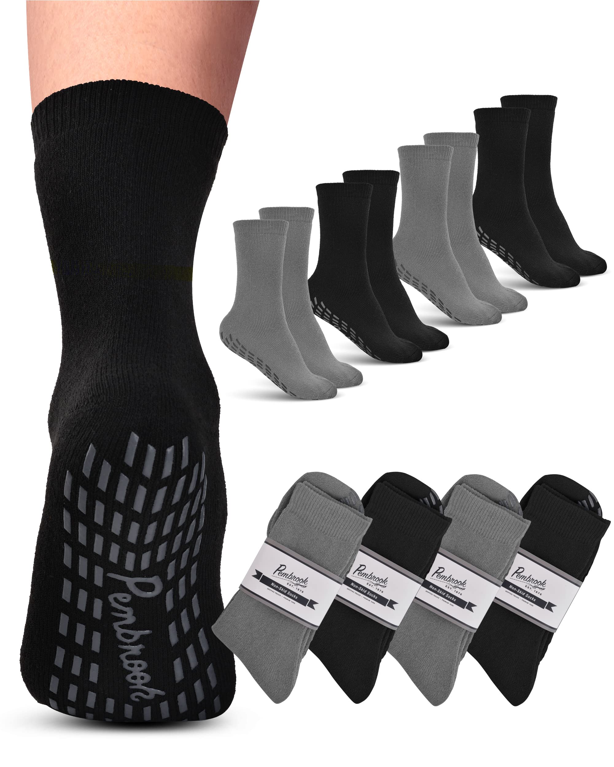 Pembrook Non-Slip Grip Socks for Men & Women - 4 Pairs Recycled Cotton Crew Socks with Anti-Slip Grippers | Perfect for Yoga, Pilates, Home & Hospital Use