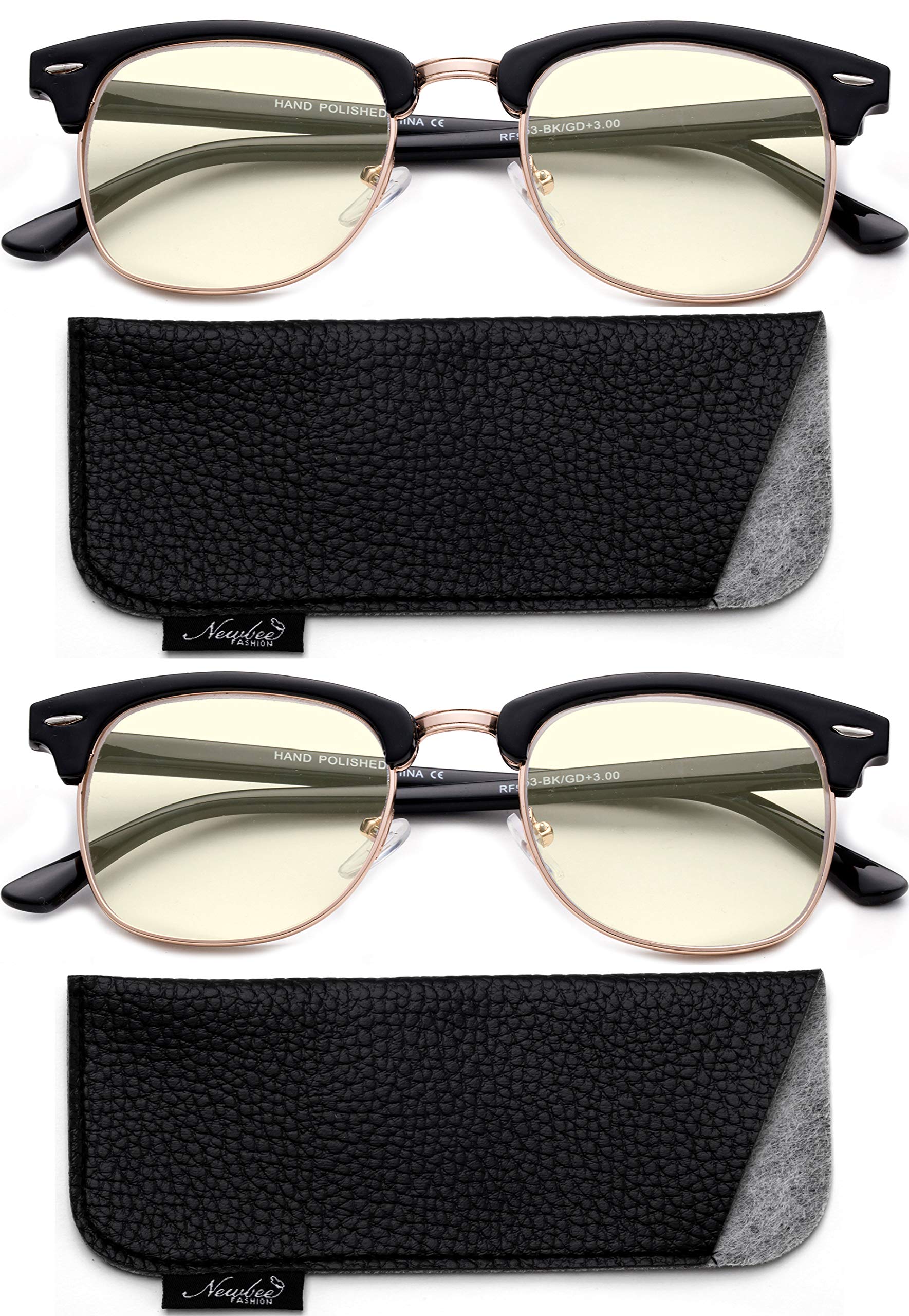 2 Packs Newbee Vintage Retro Blue Light Blocking Computer Glasses - Gold Frame Anti-Eye Strain Glasses for Gaming, Office Work & Screen Time Protection