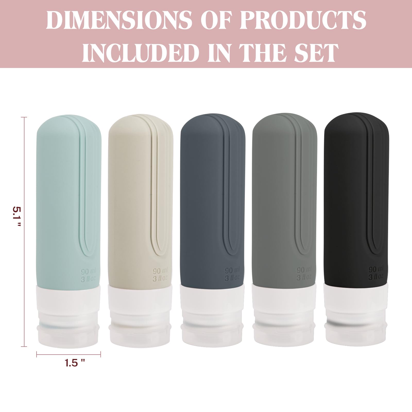 5 Pack TSA Approved Leak Proof Travel Bottles for Toiletries - 3oz Refillable Silicone Containers for Shampoo, Conditioner & Lotion - Perfect for Air Travel, Gym, Camping & Vacation Essentials