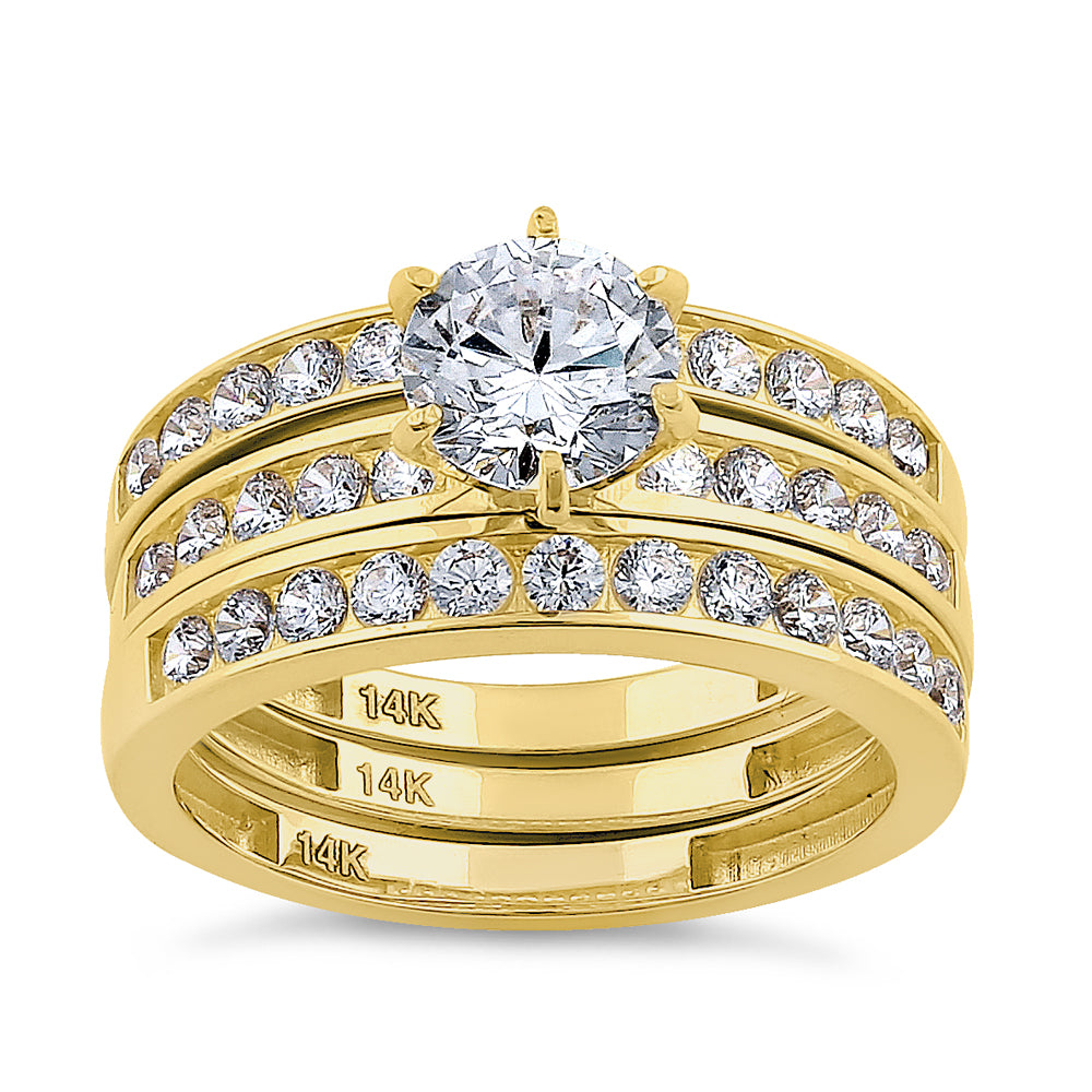 14K Solid Yellow Gold Round Cut Triple CZ Engagement Ring Set - Perfect for Proposals, Anniversaries & Bridal Jewelry Gifts