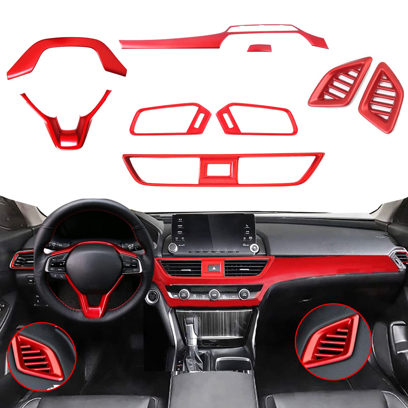 Premium ABS Car Interior Trim Kit - 10Pcs Dashboard Panel, Center Console & Air Vent Covers for 2018-2022 Honda Accord 10th Gen (EX, EX-L, LX) - Red | Interior Upgrade & Protection Accessories for Sedan Cars