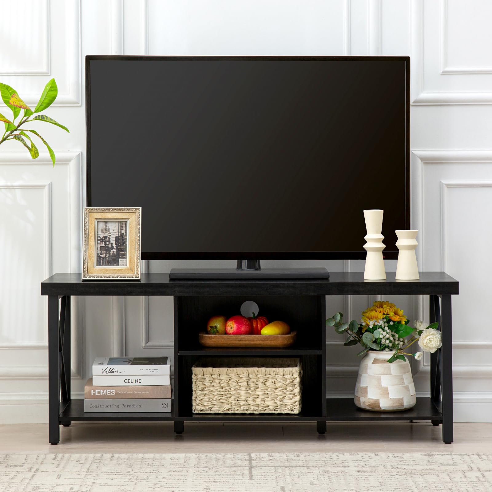 GAZHOME 55 Inch TV Stand with Open Storage Shelves - Modern TV Cabinet for Living Room & Entertainment Center - Black | Perfect for Home Theater Setup & Media Organization