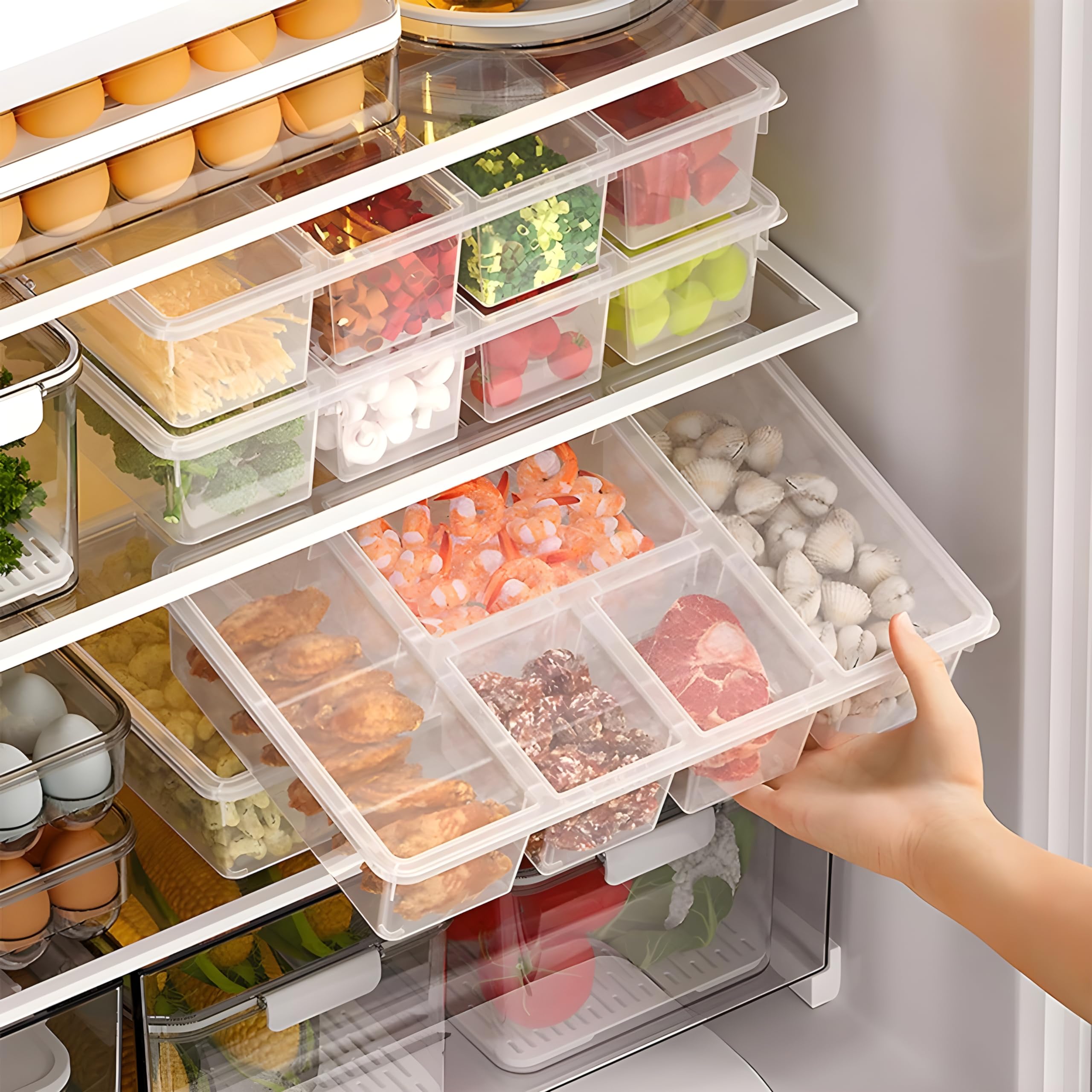 BPA-Free Plastic Airtight Food Storage Containers Set - 5 Compartment Fridge Organizer for Fresh Fruits, Vegetables, Meat & Fish | Kitchen & Pantry Organization | Meal Prep & Leftovers Storage