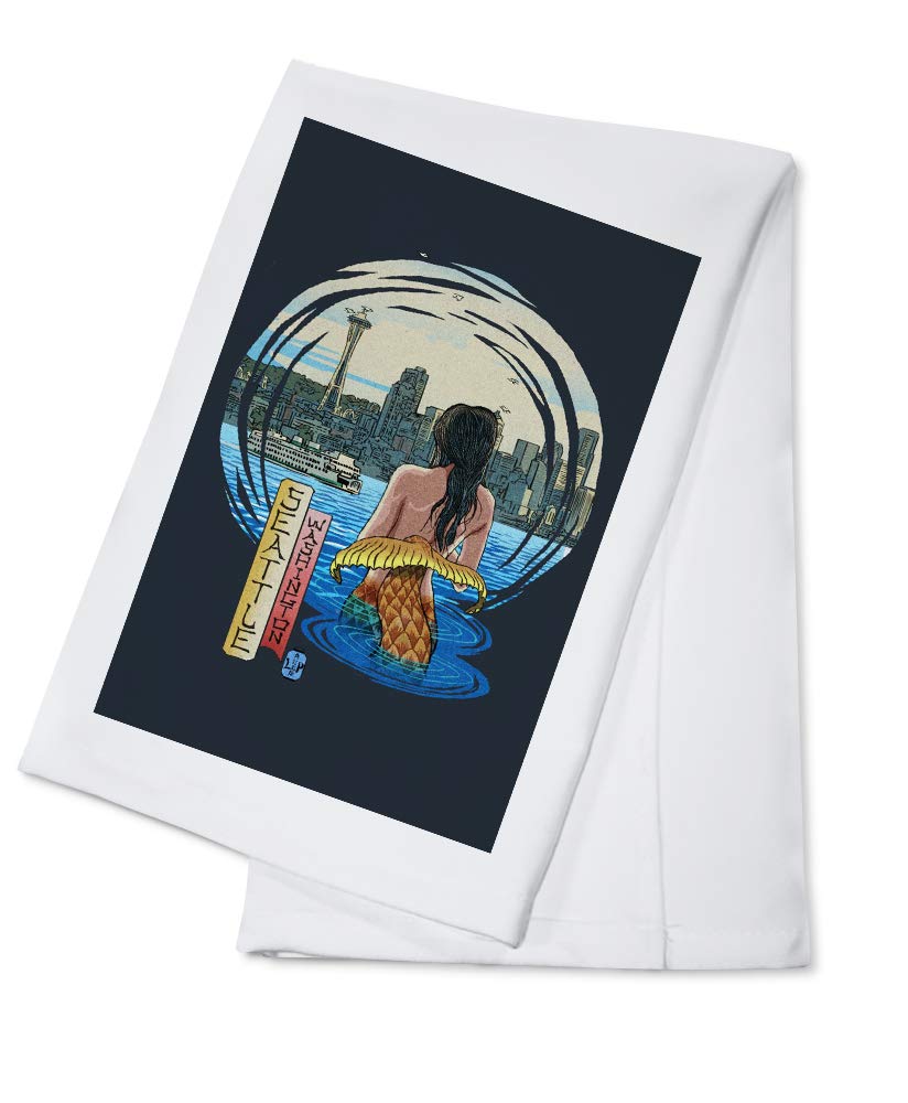 Seattle Washington Mermaid Print 100% Cotton Tea Towel - Decorative Kitchen Hand Towel for Home & Dish Drying | Perfect for Coastal Themed Kitchens, Beach House Decor, and Unique Housewarming Gifts