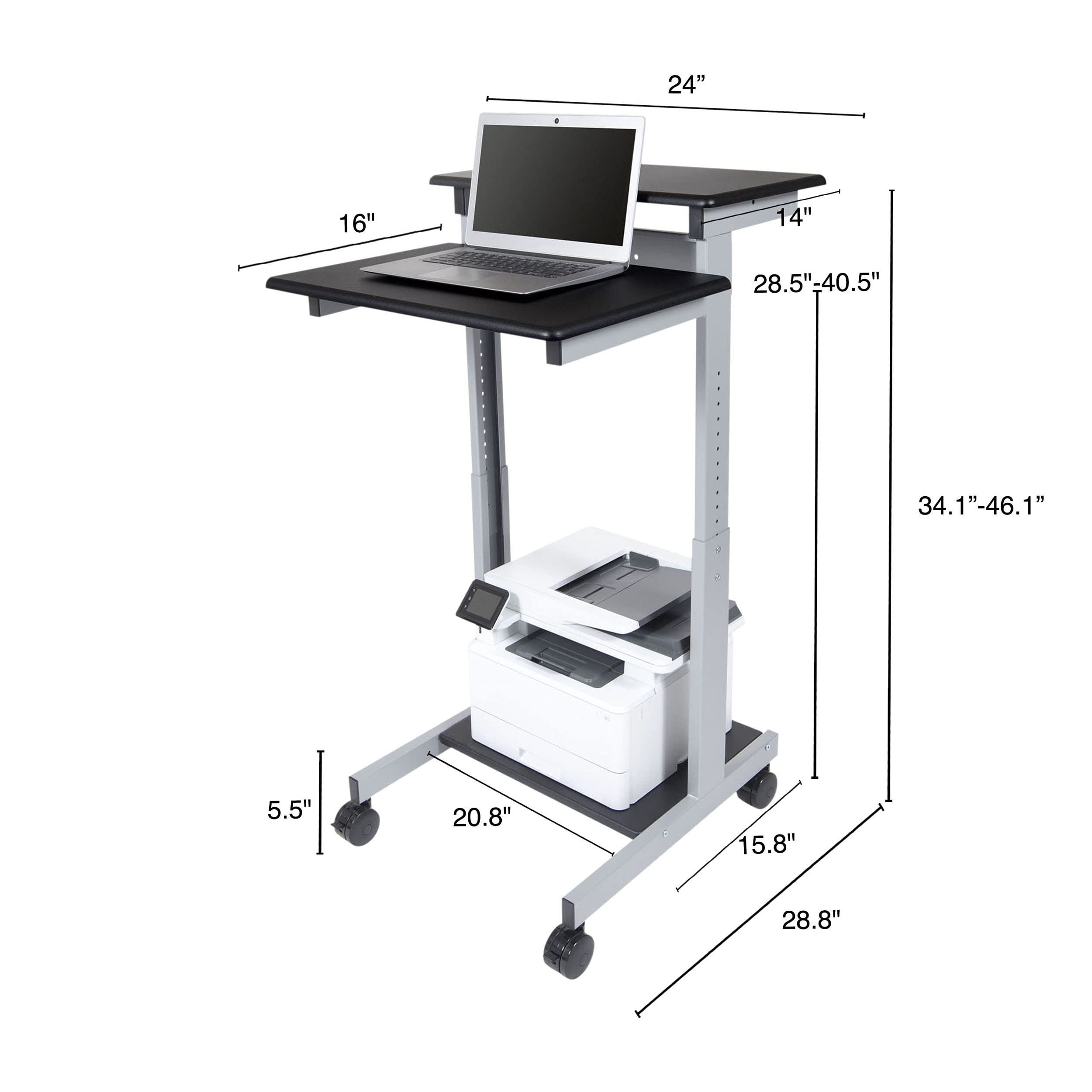 Adjustable Height Standing Desk with Wheels - 2-Tier Rolling Computer Workstation (Silver Frame/Black Top, 24