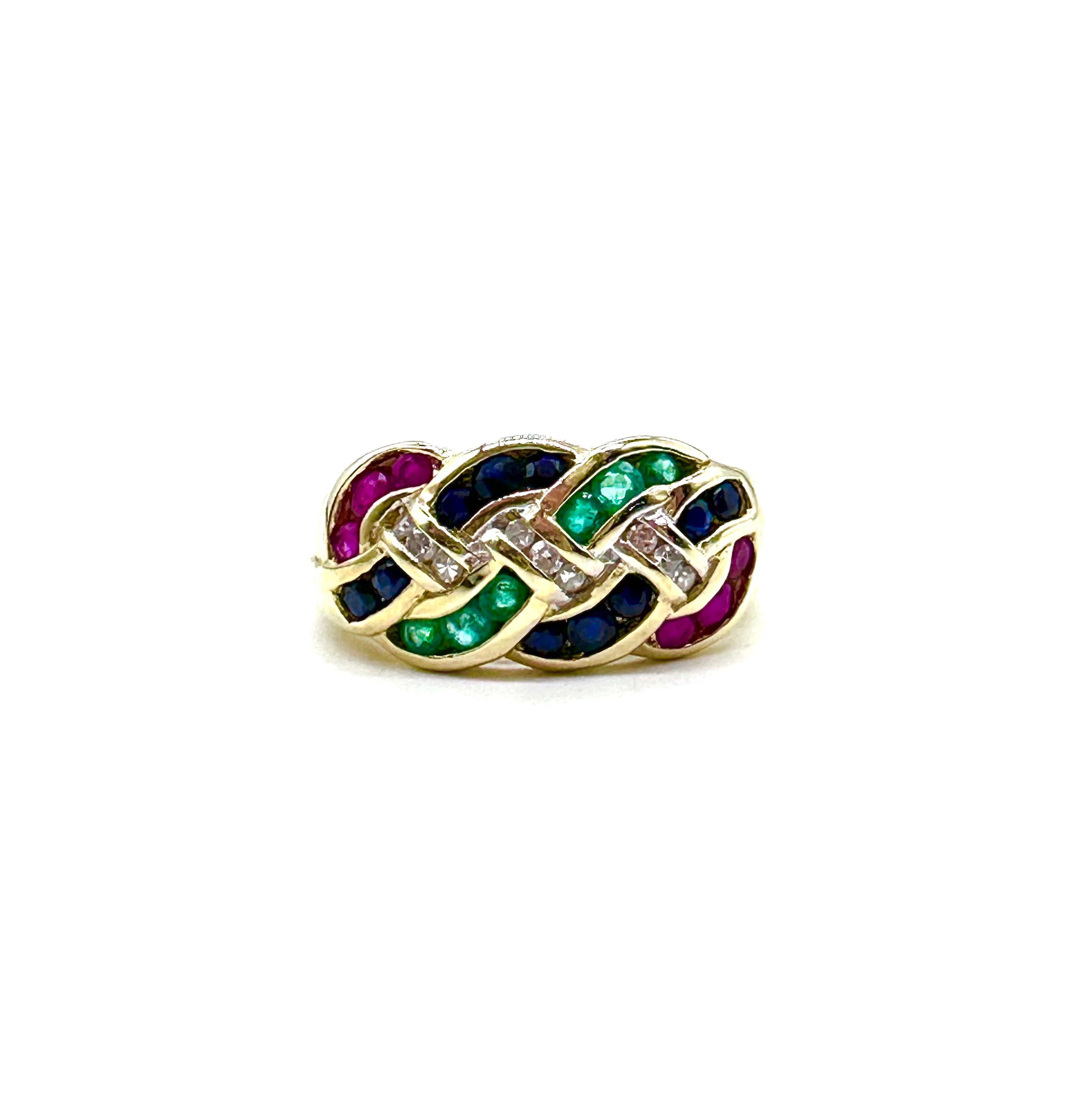 Exquisite Ruby, Sapphire, Emerald & Diamond Braided Ring for Women | Elegant Jewelry Gift for Anniversary, Wedding & Special Occasions