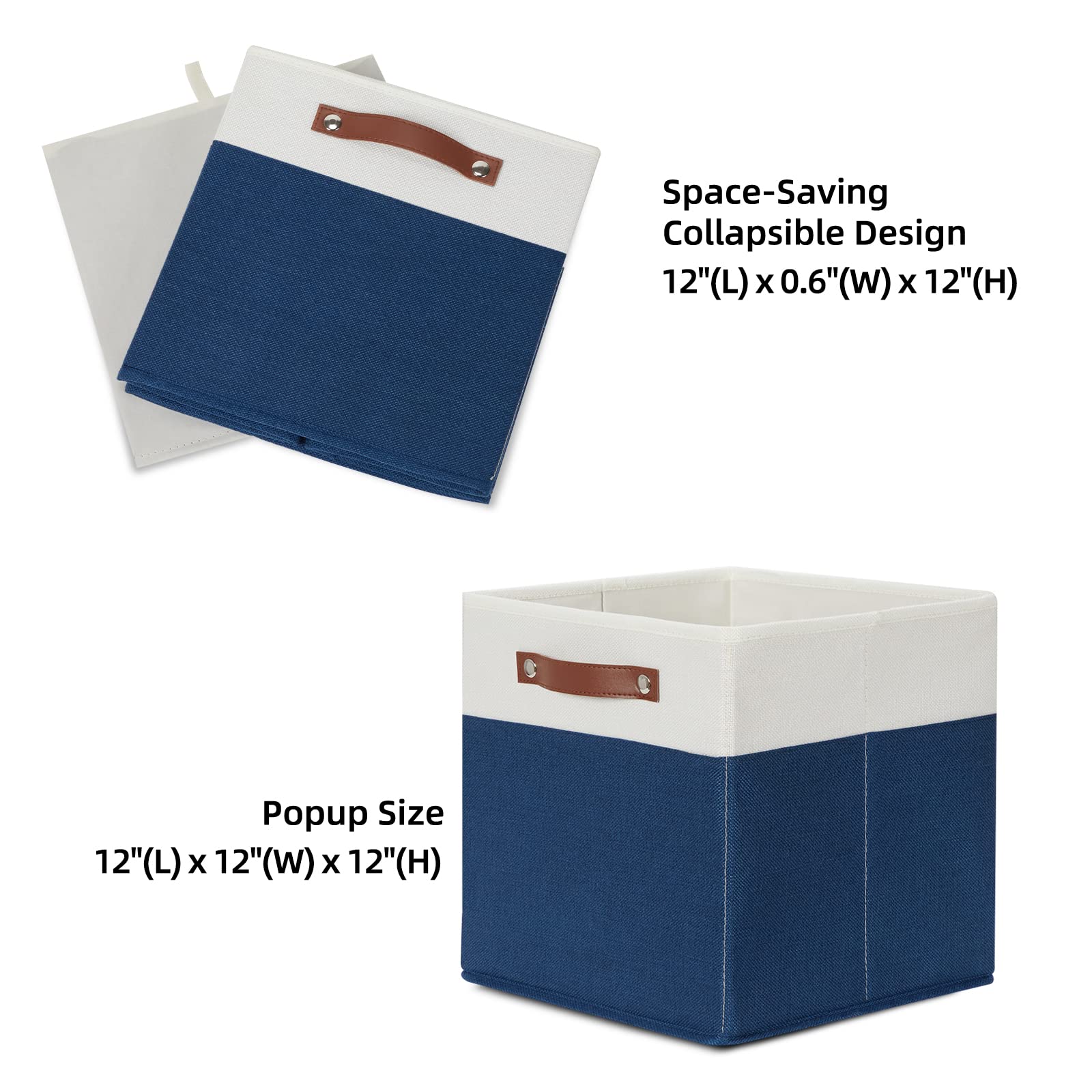 HNZIGE 12x12 Inch Fabric Storage Cubes with Handles, Set of 4 - Decorative Cube Organizer Bins for Home, Nursery, Closet & Toy Storage | Space-Saving Blue & White Square Baskets for Shelves, Cabinets & Underbed Organization
