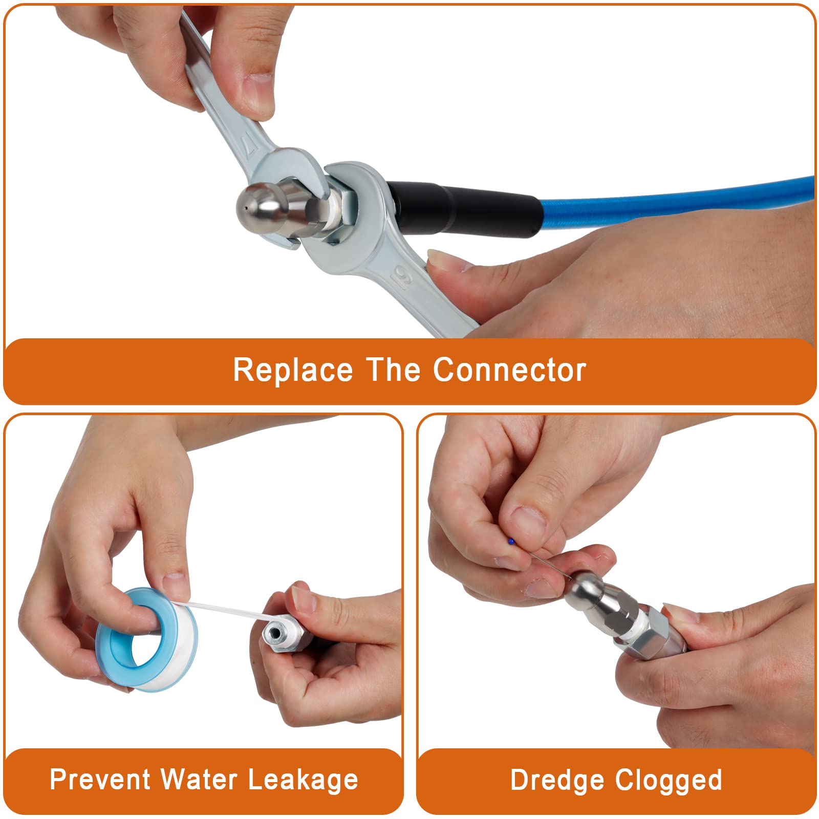 100 FT Sewer Jetter Kit for Pressure Washer - 5800PSI High-Pressure Water Drain Cleaner Hose with 1/4 Inch NPT Corner & 4 Jetting Nozzles - Includes Pearl Corsage Pin, Waterproof Tape, Handle Strap & 2 Spanners (Blue) - Perfect for Clogged Drains, Sewer Lines & Pipe Cleaning